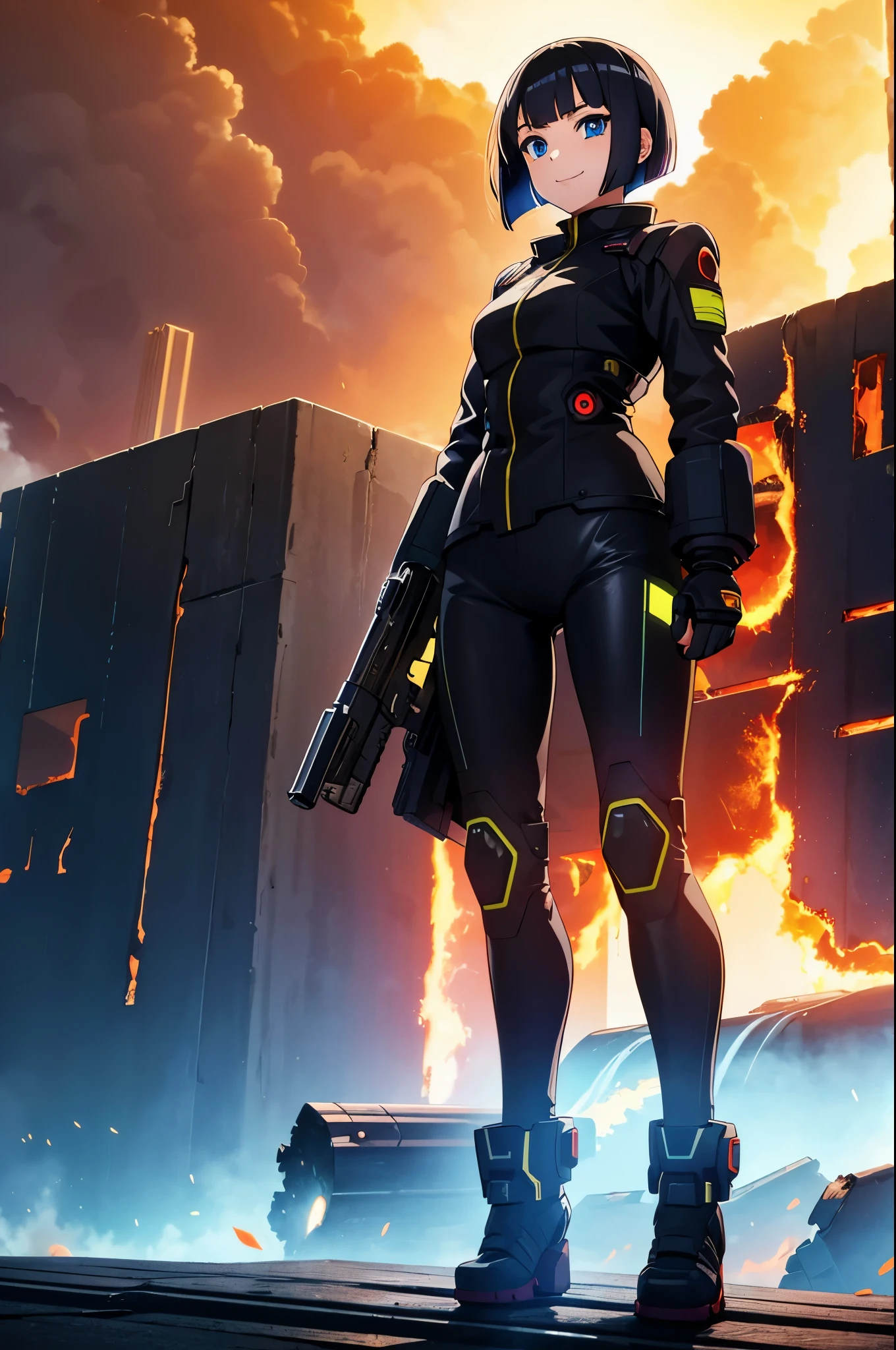Full color CG image of android girl。
anime style,
1 girl,
blue eyes,
eye highlights,
black bob hair,
smile,
whole body,
standing position,
Destroyed and ablaze cities,
armed with a gun。