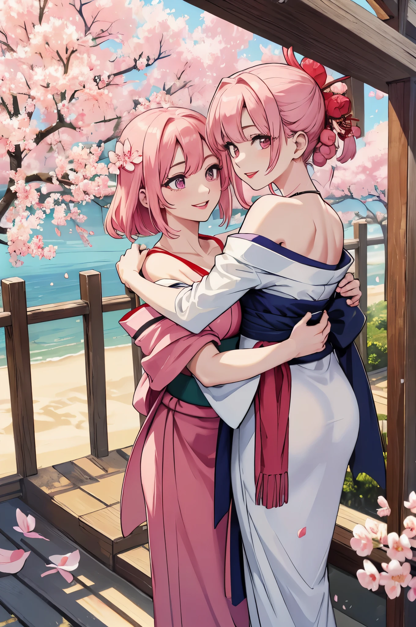 masterpiece:1.2, ultra high quality, stunning image:1.2, absurdres, Woman, mature:1.4, sakura maiden, hug from behind, pointing at smile, medium breasts, off the shoulder, exposed breasts, holding a bright pink parasol, bright red lips, pale face, smiling, asian facial structure, japanese village, sakura petals