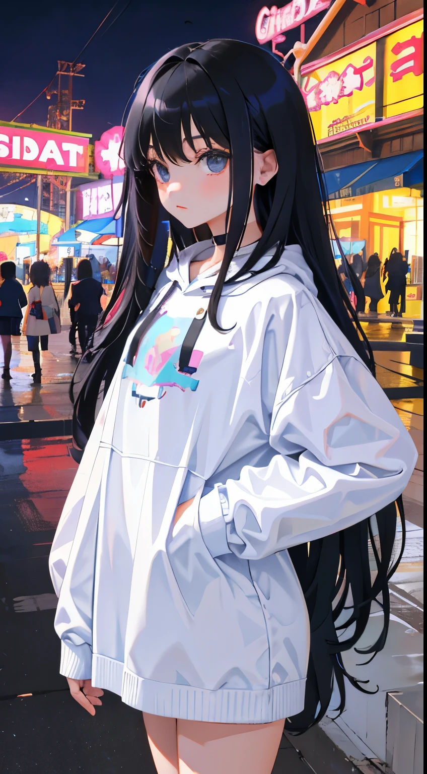 (short cute girl,small young student,young delicate girl),(masterpiece,Top quality),Pastel hoodies,long black hair, amusement park