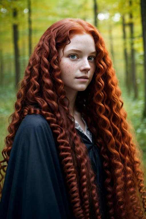 (((long fluffy curly red hair))) face portrait of An extremely Beautiful young Woman, pale skin, green eyes, freckle,  black clothes, blck shirt and dark blue cloak, oak forest, gritty sharp focus, intricate, watercolor,