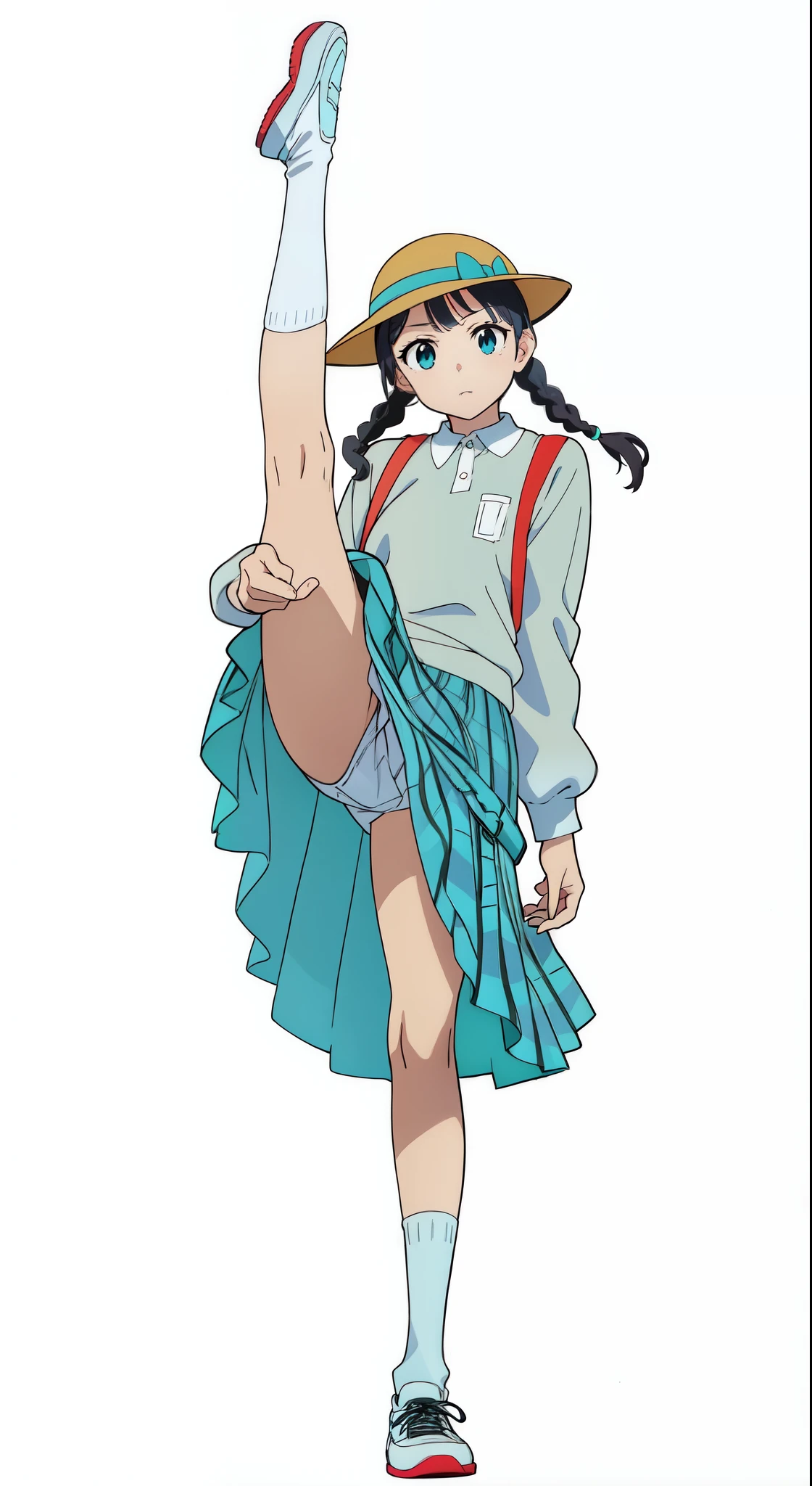 (white background:1.0), (best quality:1.0), (masterpiece:1.0), (super fine illustration:1.0), (beautiful artwork:1.0), (anime screencap:1.0), (official art:1.0), (full body:1.0), (solo:1.0), (ESGA:1.0), (a  cute girl:1.0), (yellow hat:1.25), (red backpack:1.0), (long skirt:1.0), (green tartan skirt:1.0), (pleated skirt:1.0), (aqua blue polo shirt:1.0), (long sleeve polo shirt:1.0), (sneakers:1.0), (white socks:1.25), (ideal ratio body proportions:1.0), (lanky:1.0), (tall:1.0), (slender:1.0), (small breasts:1.0), (smaller face:1.0), (tareme:1.5), (detailed beautiful eyes:1.5), (detailed beautiful face:1.5), (glowing black eyes:1.1), (short hair:1.0), (swept bangs:1.5), (twin braids:1.5), (black hair:1.0), (looking at viewer:1.5)