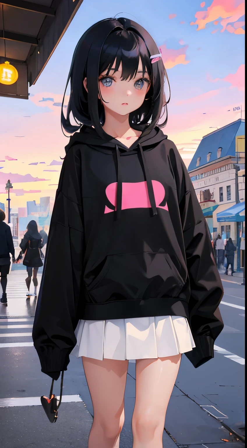 (short cute girl， young studeg delicate girl）,（masterpiece，Top quality)，Pastel hoodies，long black hair, amusement park