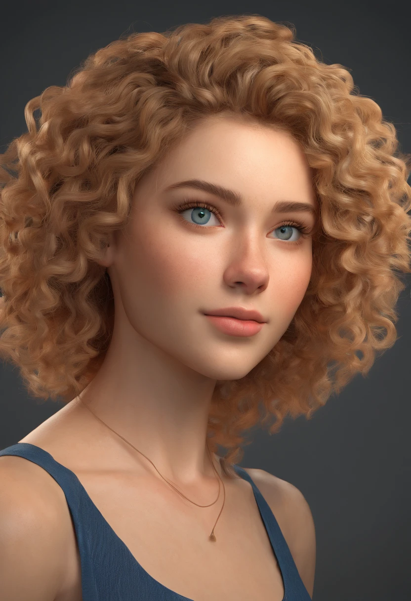 "Full body portrait of a charming 18 year old women with curly hay coloured hair, a late 80s hair style look, small freckles, figure, beautiful face, captivating dark blue eyes, and modest bust size, showcasing her natural beauty."