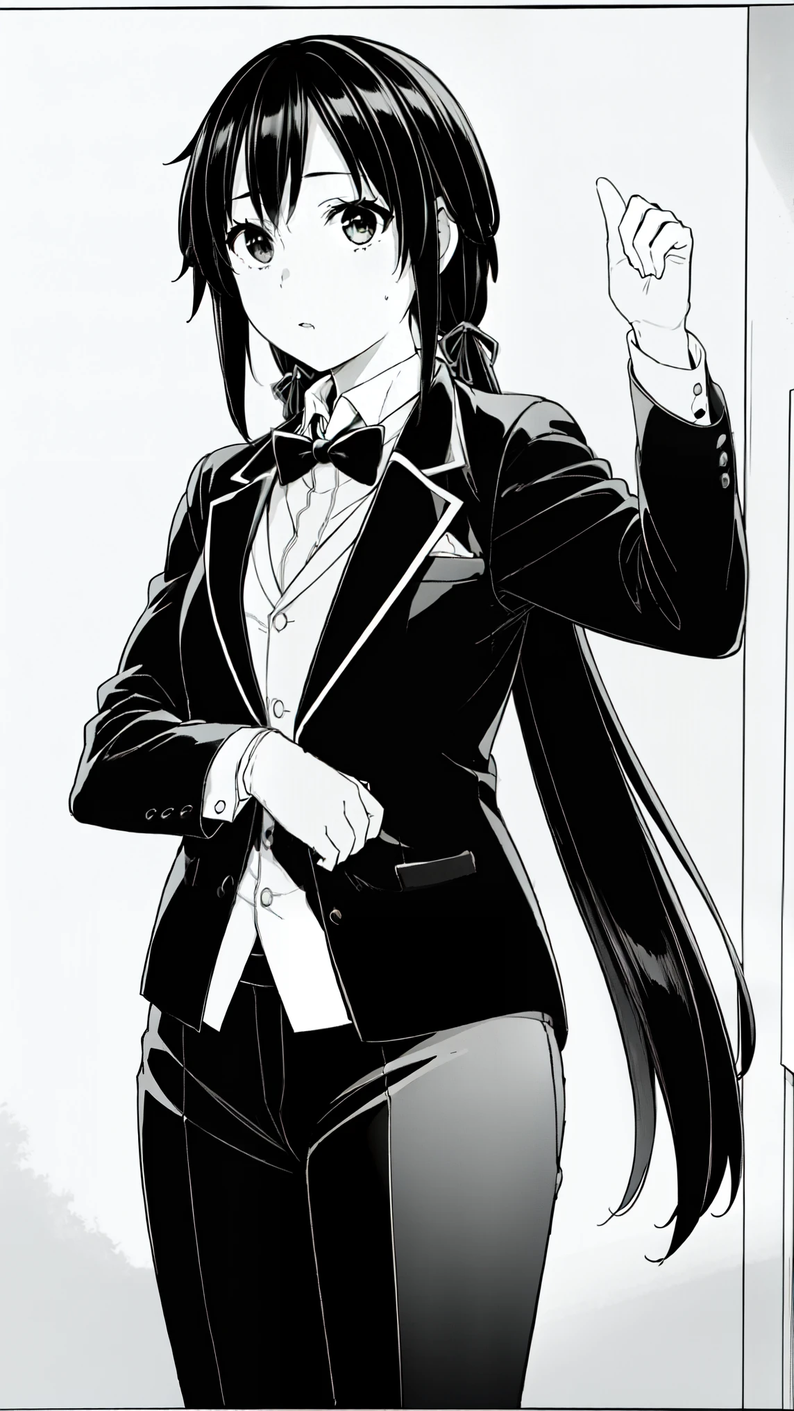 (masterpiece, best quality:1.2), 1girl, solo , yukinoshita yukino,b,classic black tuxedo,crisp tailored suit,sharp edges,perfectly fitted attire,sleek satin lapels,elegant bow tie,swagger,luxurious fabric, baddas girl