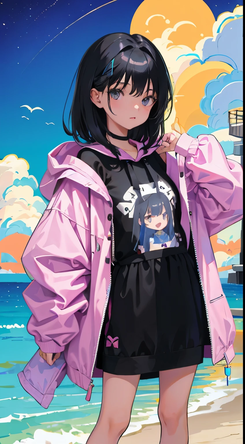 (short cute girl, young studeg delicate girl),(masterpiece,Top quality),Pastel hoodies,long black hair, beach
