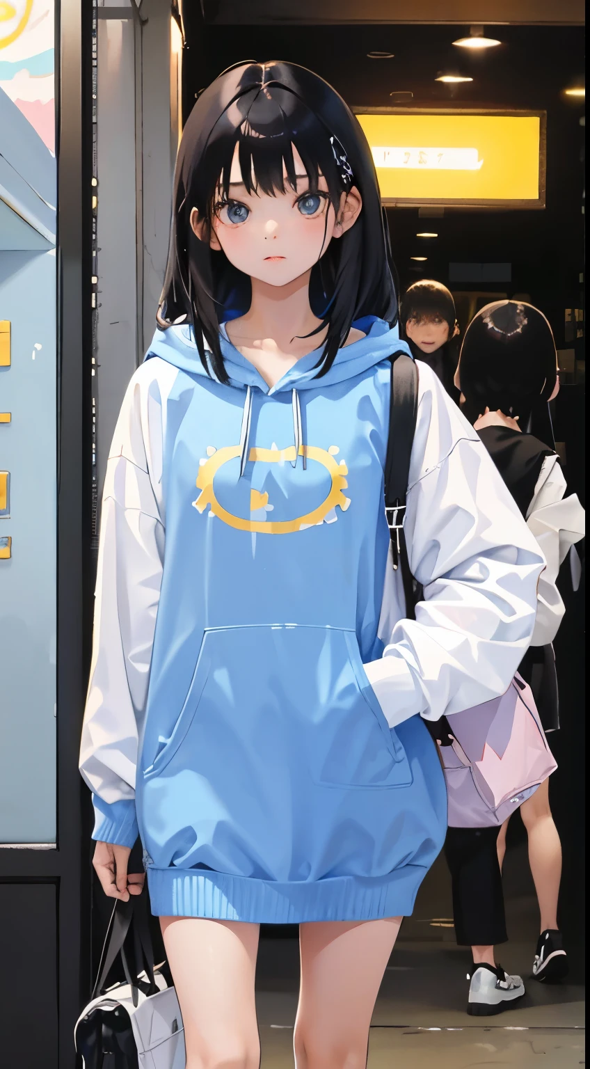 (short cute girl,small young student,young delicate girl),(masterpiece,Top quality),Pastel hoodies,long black hair, beach