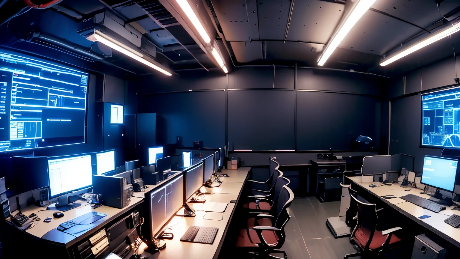 A dark hacker office, with a dynamic red and blue light, with active servers, wires, detailed, semi realistic