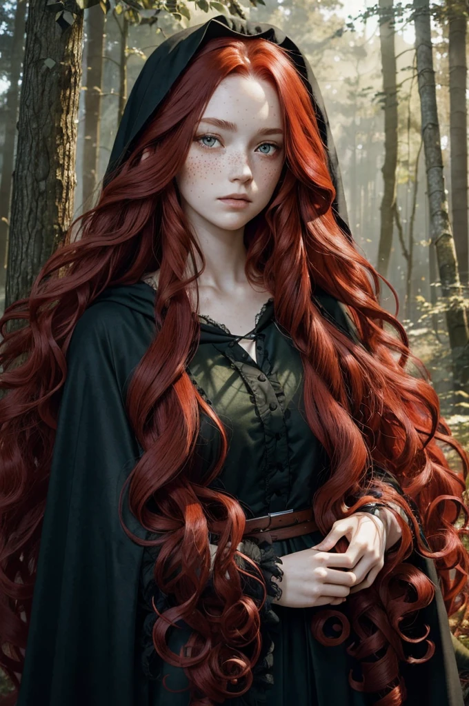 (((long fluffy curly red hair))) face portrait of An extremely Beautiful young Woman, pale skin, green eyes, freckle, black clothes, blck shirt and dark blue cloak, oak forest, gritty sharp focus, intricate, watercolor,
