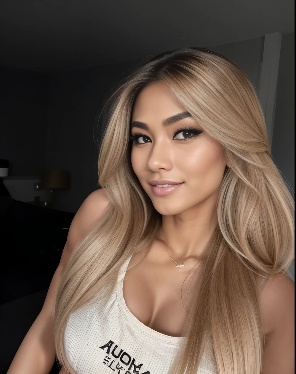 Young Thai woman, Fit physique, fitness physique, portant de la lingerie noire sexy, watch on the canapé, les jambes ouvertes, corps sexy, (8K), (best quality), (chef-d&#39;artwork:1.3), (realistic), (Photorealistic:1.34), ultra-detailed, [Beautiful detailed eyes], (sourire), (sourire), (beautiful detailed nose), [cheveux blonds très longs], (haut court), lingerie noire, (superbes seins taille normale), (gros plan), profondeur de champ, full body view, sitting on the sofa, legs spread, montrant l&#39;entrejambe, pieds en l'air
