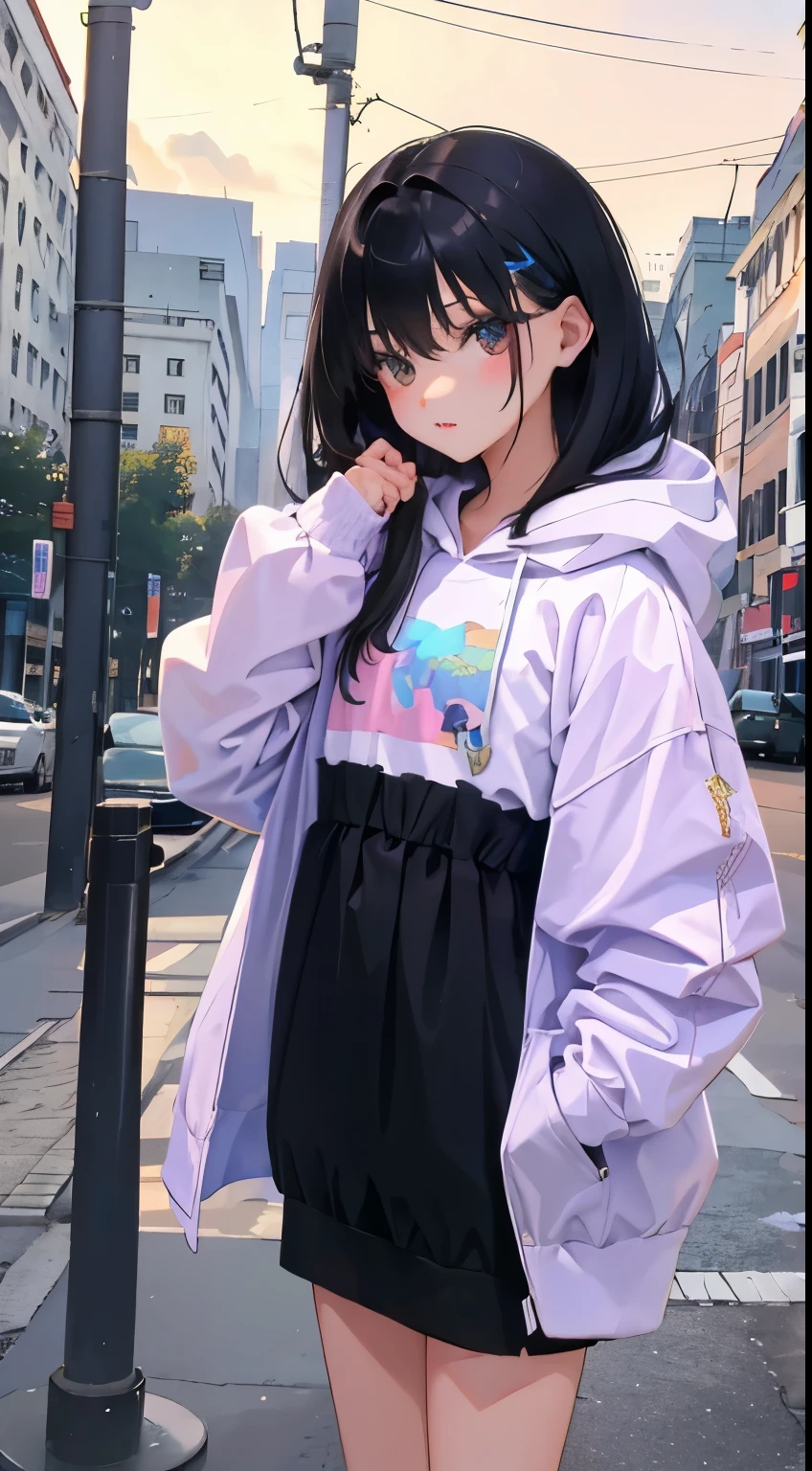 (short cute girl, young studeg delicate girl),(masterpiece,Top quality),Pastel hoodies,long black hair, forest