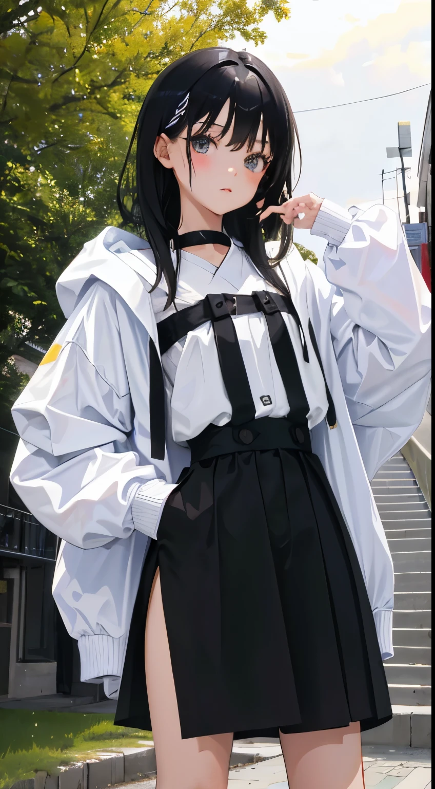 anime girl 20 years old with narrow eyes of different colors yellowish-green and dark ochre, a smoll mole under the eye, bruises under the eye, faint freckles only on the nose, straight dark brown hair below the shoulders, long bangs covering the left eye, pale skin, tired look, breasts of the second size, low height, white shirt, black shorts with suspenders