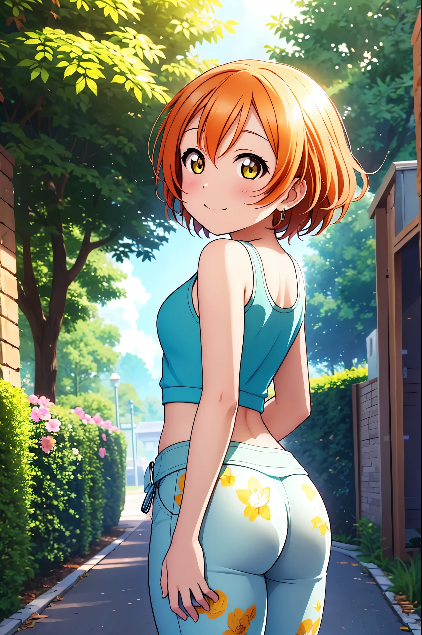 (Masterpiece, Best Quality, High Quality),(chibi), from behind,Hoshizora rin,orange hair, yellow eyes, volumetric lighting, illustration, beautiful, tight , Blushing, breasts, looking at viewer, flowers printed tank top, yoga pants,solo, curvy body, fruits print, looking to the side, confident, seductive smile, (arms behind back, head tilt:1.1), heart pendant,perfect lighting, perfect shadows, flower, (breathtaking scenery:1.1), tree, blushing