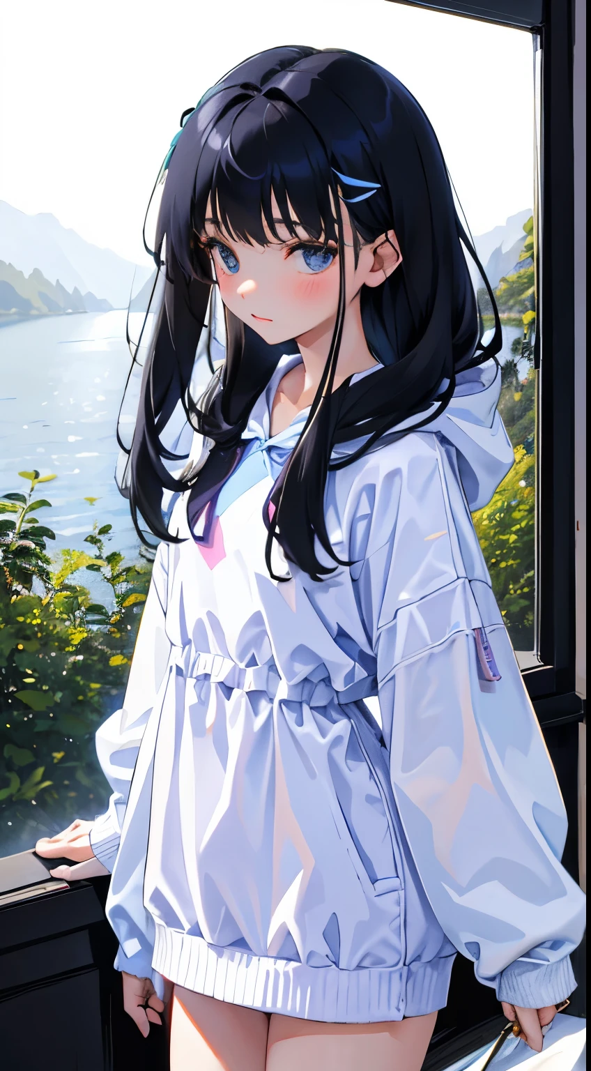 (short cute girl，small young student，young delicate girl）,（masterpiece，Top quality)，Pastel hoodies，long black hair, sea of trees