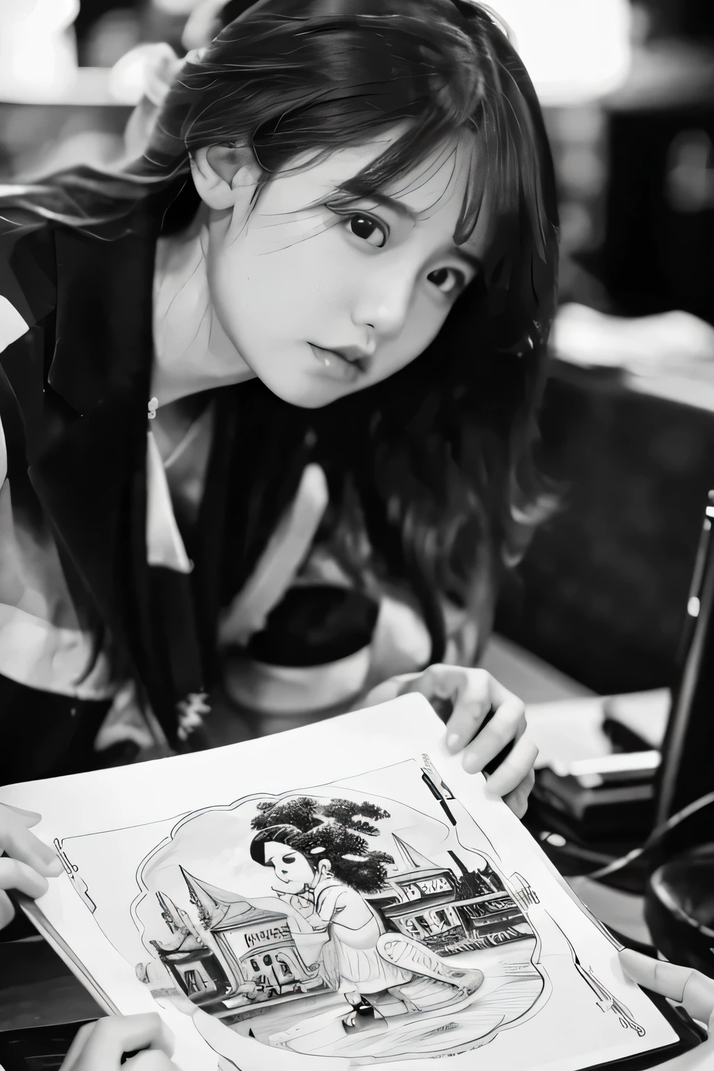 The drawing you sent is a black and white artistic illustration. No entanto, a blurred gray rectangle is superimposed in the center of the image, obscuring a significant portion of the content. The visible parts of the illustration show complexes, detalhes intrincados, possibly of fantastic characters or elements. The art has an intense graphic style with lots of detail and deep shadows. Infelizmente, due to the blurred gray rectangle, I am unable to provide a complete description of the image content.