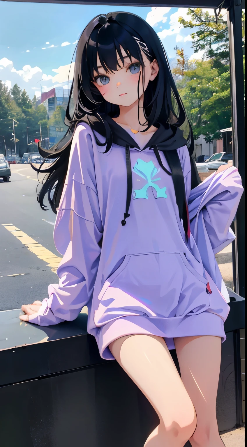 (short cute girl，small young student，young delicate girl）,（masterpiece，Top quality)，Pastel hoodies，long black hair, sea of trees