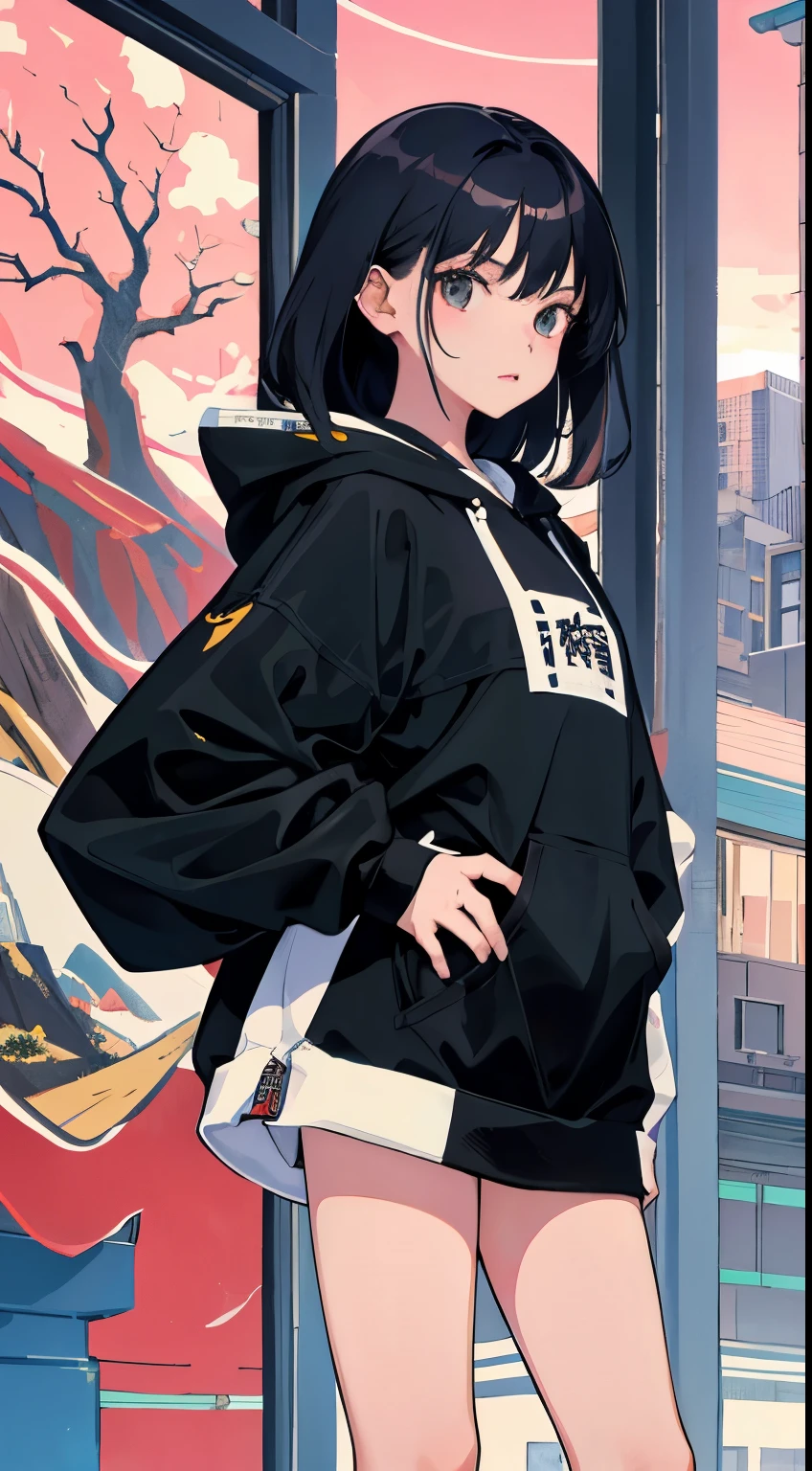 (short cute girl,small young student,young delicate girl),(masterpiece,Top quality),Pastel hoodies,long black hair, sea of trees
