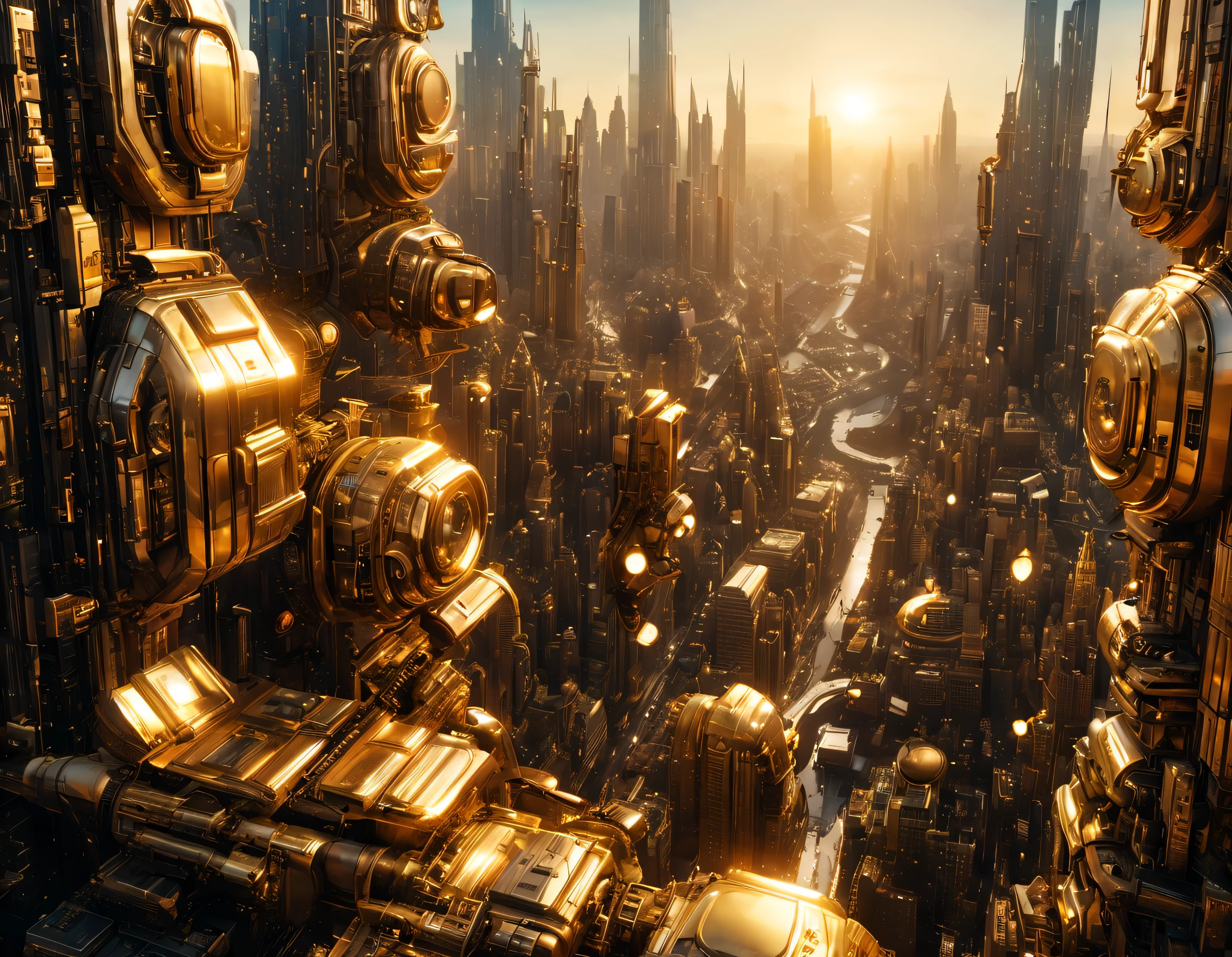 (golden hour lighting), megacity, megalopolis of an imaginary world of science fiction and maximum fantasy, con inmensos edificios ovalados y dodecaedricos agrupados de metal y cristal donde predomina el oro. imagen bien definida 8k, (intrincados detalles de la maquina), con muchos edificios juntos.(obra maestra de superior calidad).(imagen fotorrealista), nitidez absoluta hasta el fondo
