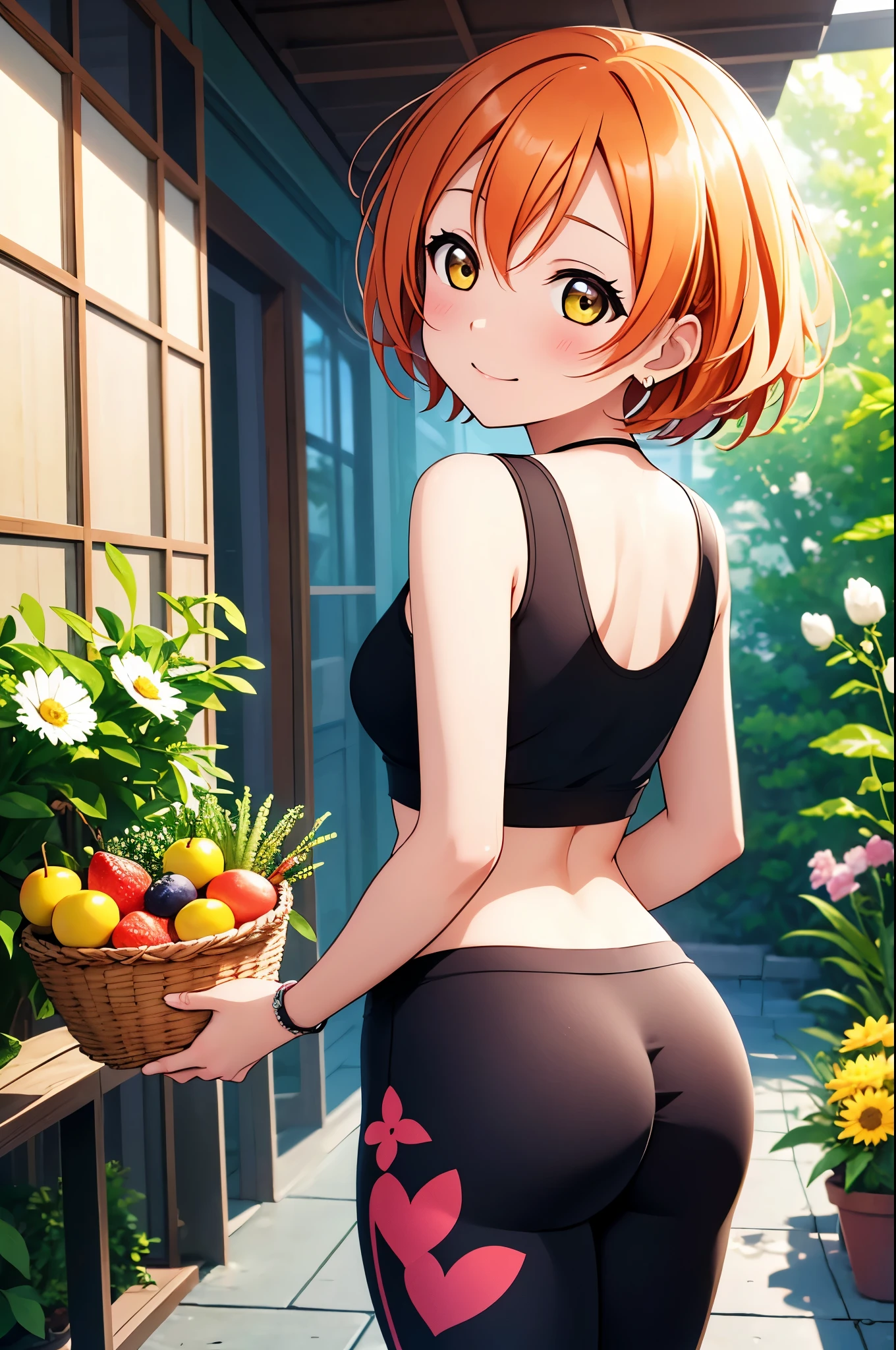 (Masterpiece, Best Quality, High Quality),(chibi), from behind,Hoshizora rin,orange hair, yellow eyes, volumetric lighting, illustration, beautiful, tight , Blushing, breasts, looking at viewer, flowers printed tank top, yoga pants,solo, curvy body, fruits print, looking to the side, confident, seductive smile, (arms behind back, head tilt:1.1), heart pendant,perfect lighting, perfect shadows, flower, (breathtaking scenery:1.1), tree, blushing