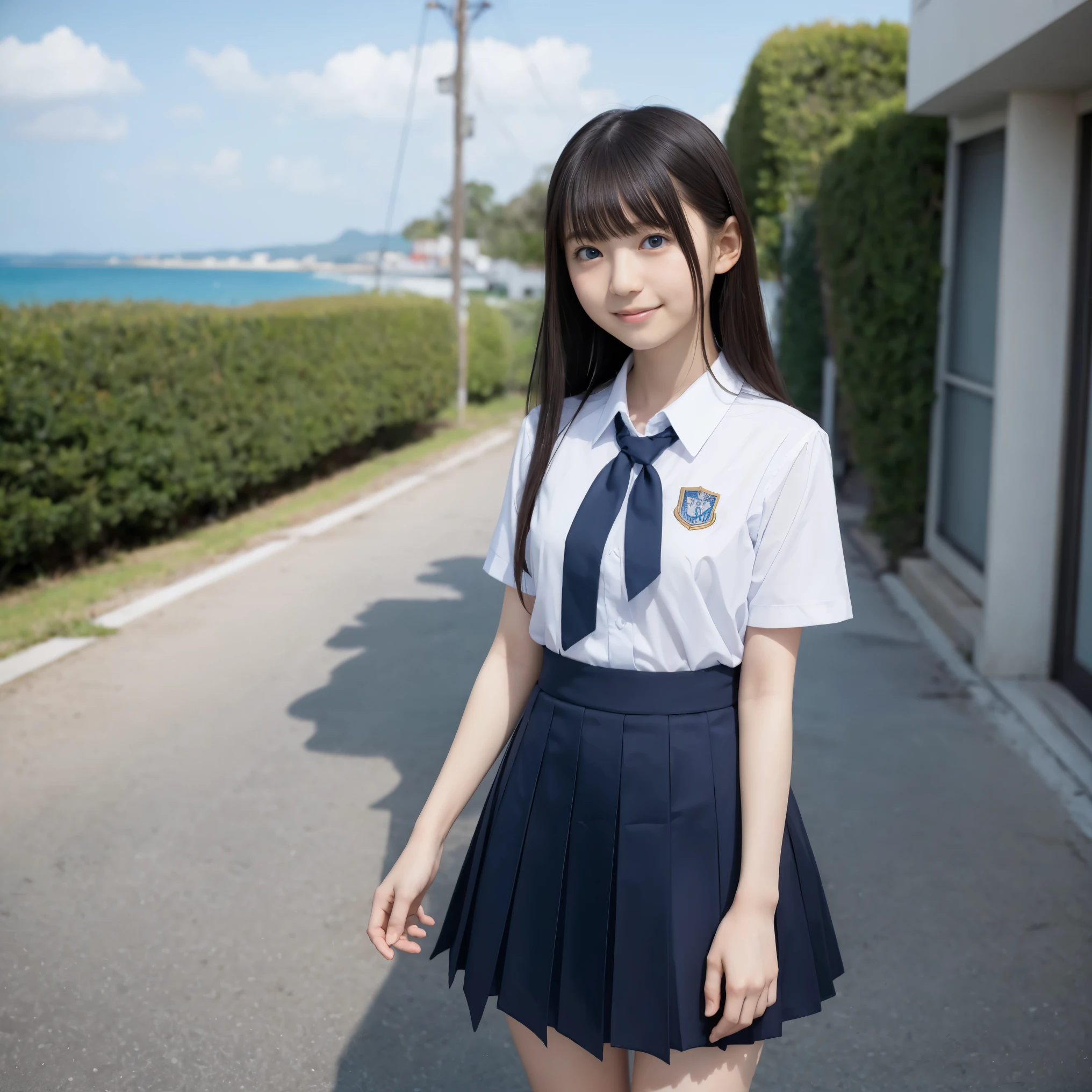 Masterpiece, highest quality, 8k, 18 years old, Japanese girl, slender, raw photo, absurd, award-winning portrait, (detailed face, smile), solo, school uniform, sailor uniform, short sleeve, idol face, super mini Skirt, short socks, thin legs, shoes, (descending the stairs, full body shot from the bottom of the stairs, full body shot from a low angle, detailed face), refreshing smile, slender girl, black hair, dark eyes, full body, digital SLR, Look at the viewer, candid, sophisticated, youthful, perfect whole body balance, (low angle), professional lighting, (eye and face details: 1.0), (bokeh: 1.1)