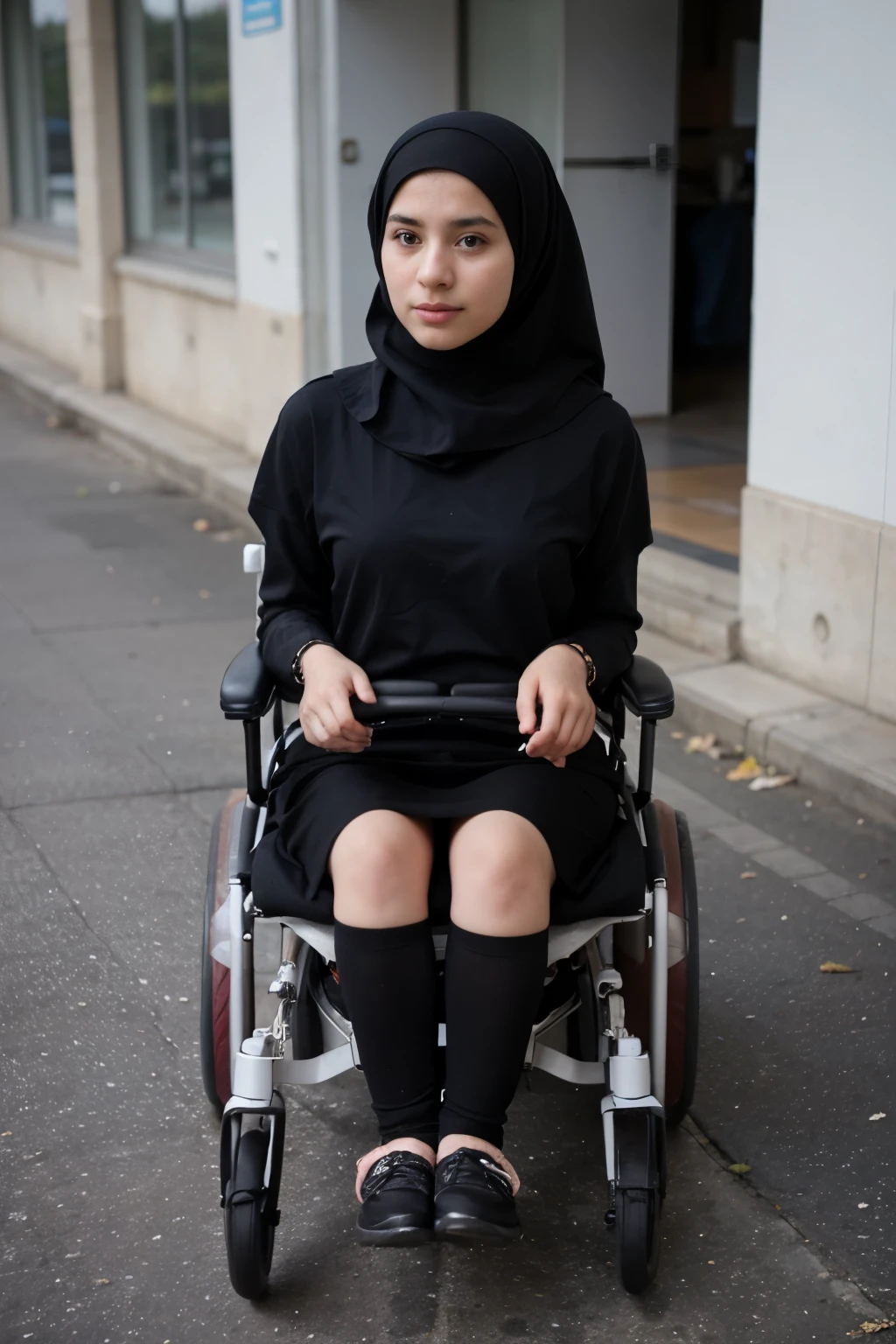 Disabled girl with deformed legs on an electric wheelchair wearing an Islamic hijab