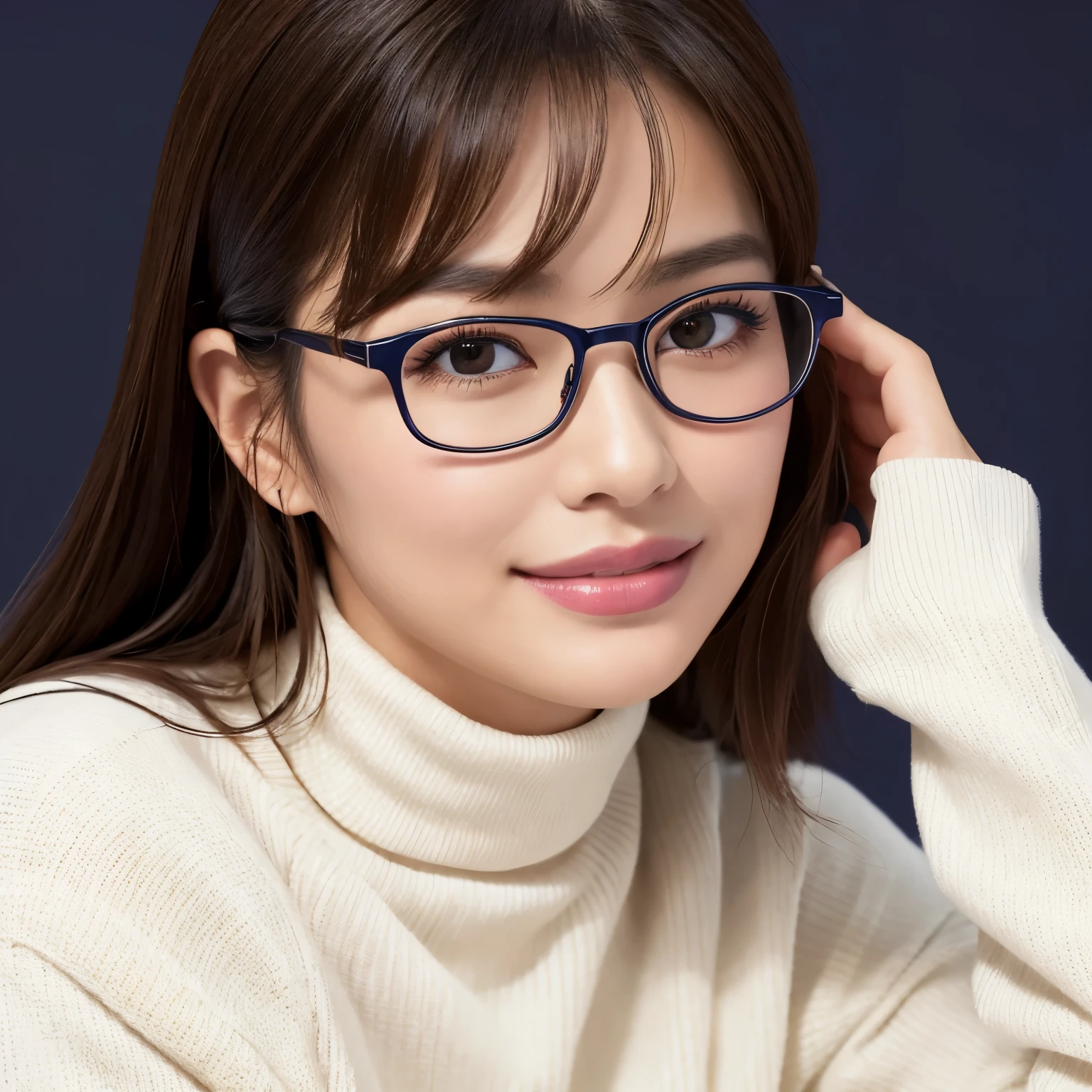 (highest quality、table top、8k、best image quality、ultra high resolution、Award-winning work)、one beautiful woman、alone、(Classy glasses:1.1)、accurate anatomy、(close up of face:1.2)、(Perfect navy turtleneck long knit sweater:1.2)、smooth long knit sweater、ultra high resolutionの艶と潤いのある美肌、ultra high resolutionの美しい顔、ultra high resolutionの煌めく瞳、ultra high resolutionの完璧な歯、ultra high resolutionの髪の毛、look at me and smile、perfect makeup、that&#39;s right、Precise and perfect navy knit、(simple background:1.3)