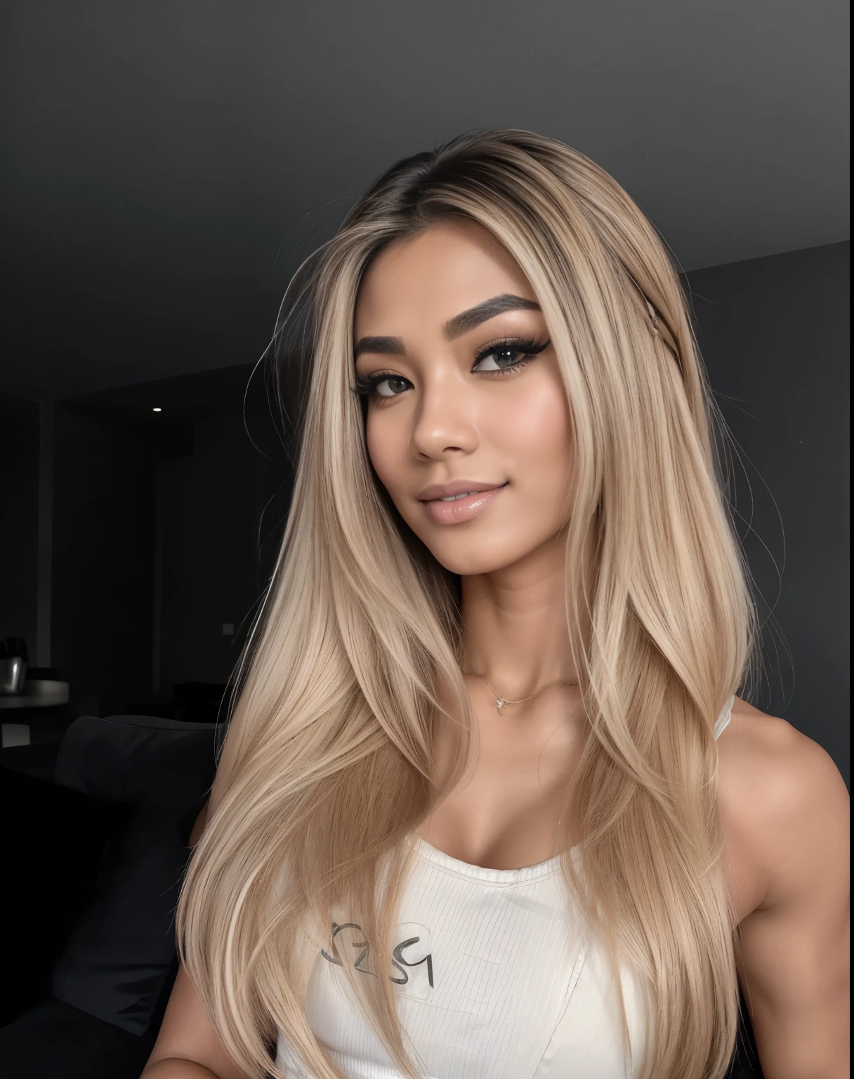 Young Thai woman, Fit physique, fitness physique, portant de la lingerie noire sexy, watch on the canapé, les jambes ouvertes, corps sexy, (8K), (best quality), (chef-d&#39;artwork:1.3), (realistic), (Photorealistic:1.34), ultra-detailed, [Beautiful detailed eyes], (sourire), (sourire), (beautiful detailed nose), [cheveux blonds très longs], (haut court), lingerie noire, (superbes seins taille normale), (gros plan), profondeur de champ, full body view, sitting on the sofa, legs spread, montrant l&#39;entrejambe, pieds en l'air