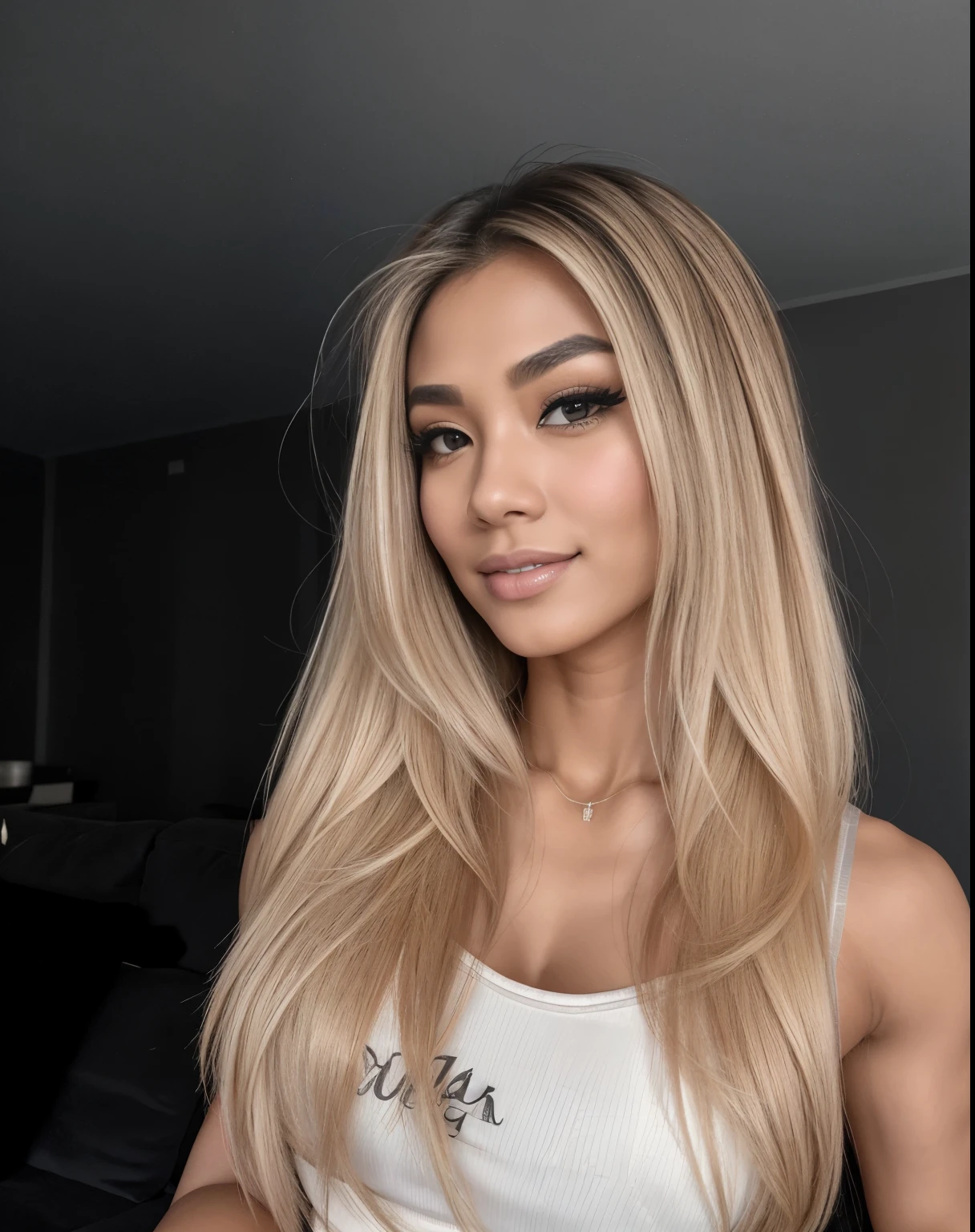 Young Thai woman, Fit physique, fitness physique, portant de la lingerie noire sexy, watch on the canapé, les jambes ouvertes, corps sexy, (8K), (best quality), (chef-d&#39;artwork:1.3), (realistic), (Photorealistic:1.34), ultra-detailed, [Beautiful detailed eyes], (sourire), (sourire), (beautiful detailed nose), [cheveux blonds très longs], (haut court), lingerie noire, (superbes seins taille normale), (gros plan), profondeur de champ, full body view, sitting on the sofa, legs spread, montrant l&#39;entrejambe, pieds en l'air