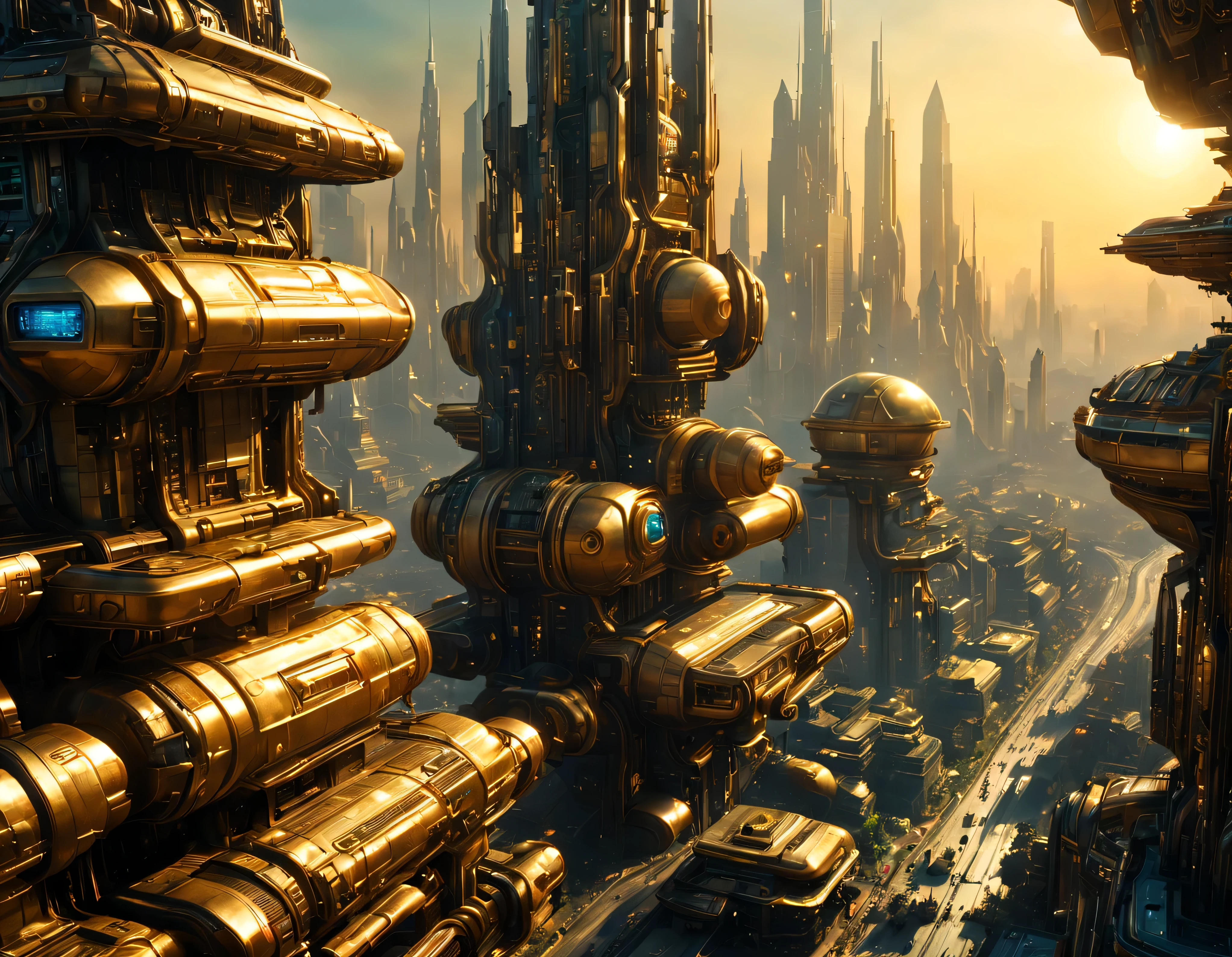 (golden hour lighting), On an unknown planet there is a futuristic fantasy city en una megalopolis similar to the one in the movie Tomorrowland., cyberpunk, century XXV technology, with huge buildings of super technological design, puentes entre edificios, que forman una infinita avenida con estructuras acristaladas y de metal, donde predomina el bronce, con Colores vivos, pavimento ensolado sin brillo, poca gente paseando, similar a Coruscant, imagen bien definida 8k, (intrincados detalles de la maquina), con muchos edificios juntos.(obra maestra de superior calidad).(imagen fotorrealista), nitidez absoluta hasta el fondo. fondo detallado.