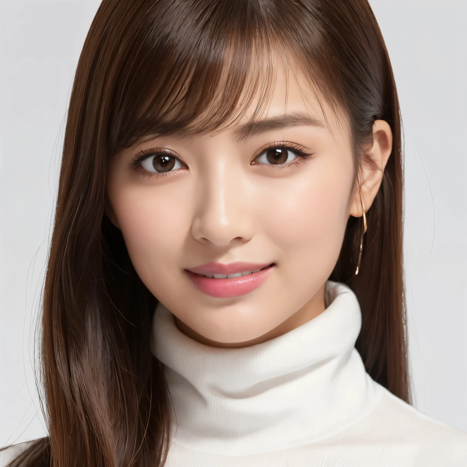 (highest quality、table top、8k、best image quality、ultra high resolution、Award-winning work)、one beautiful woman、alone、accurate anatomy、(close up of face:1.2)、(Perfect white turtleneck long knit sweater:1.2)、smooth long knit sweater、ultra high resolutionの艶と潤いのある美肌、ultra high resolutionの美しい顔、ultra high resolutionの煌めく瞳、ultra high resolutionの完璧な歯、ultra high resolutionの髪の毛、look at me and smile、perfect makeup、that&#39;s right、Precise and perfect white knit、(simple background:1.3)