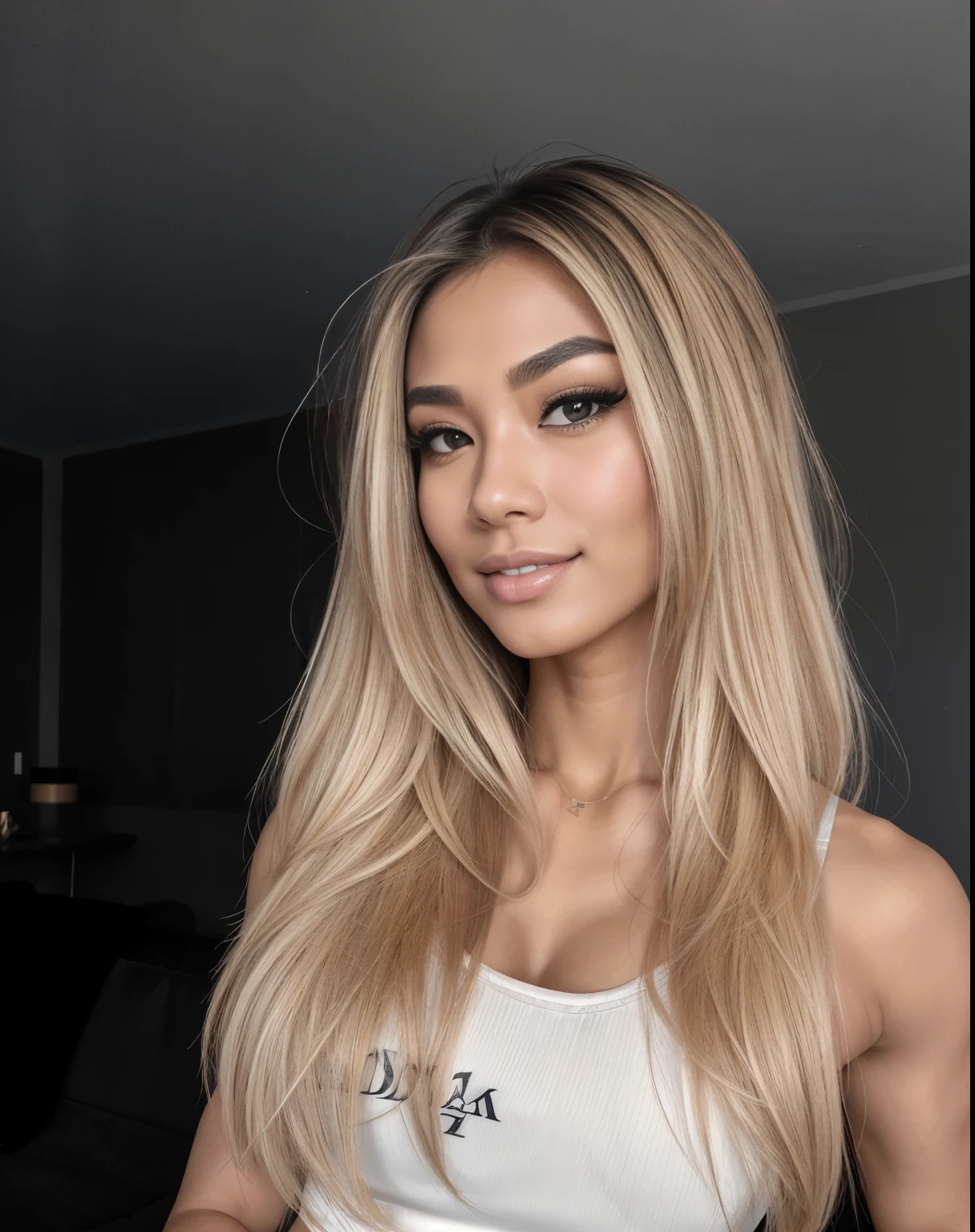 Young Thai woman, Fit physique, fitness physique, portant de la lingerie noire sexy, watch on the canapé, les jambes ouvertes, corps sexy, (8K), (best quality), (chef-d&#39;artwork:1.3), (realistic), (Photorealistic:1.34), ultra-detailed, [Beautiful detailed eyes], (sourire), (sourire), (beautiful detailed nose), [cheveux blonds très longs], (haut court), lingerie noire, (superbes seins taille normale), (gros plan), profondeur de champ, full body view, sitting on the sofa, legs spread, montrant l&#39;entrejambe, pieds en l'air