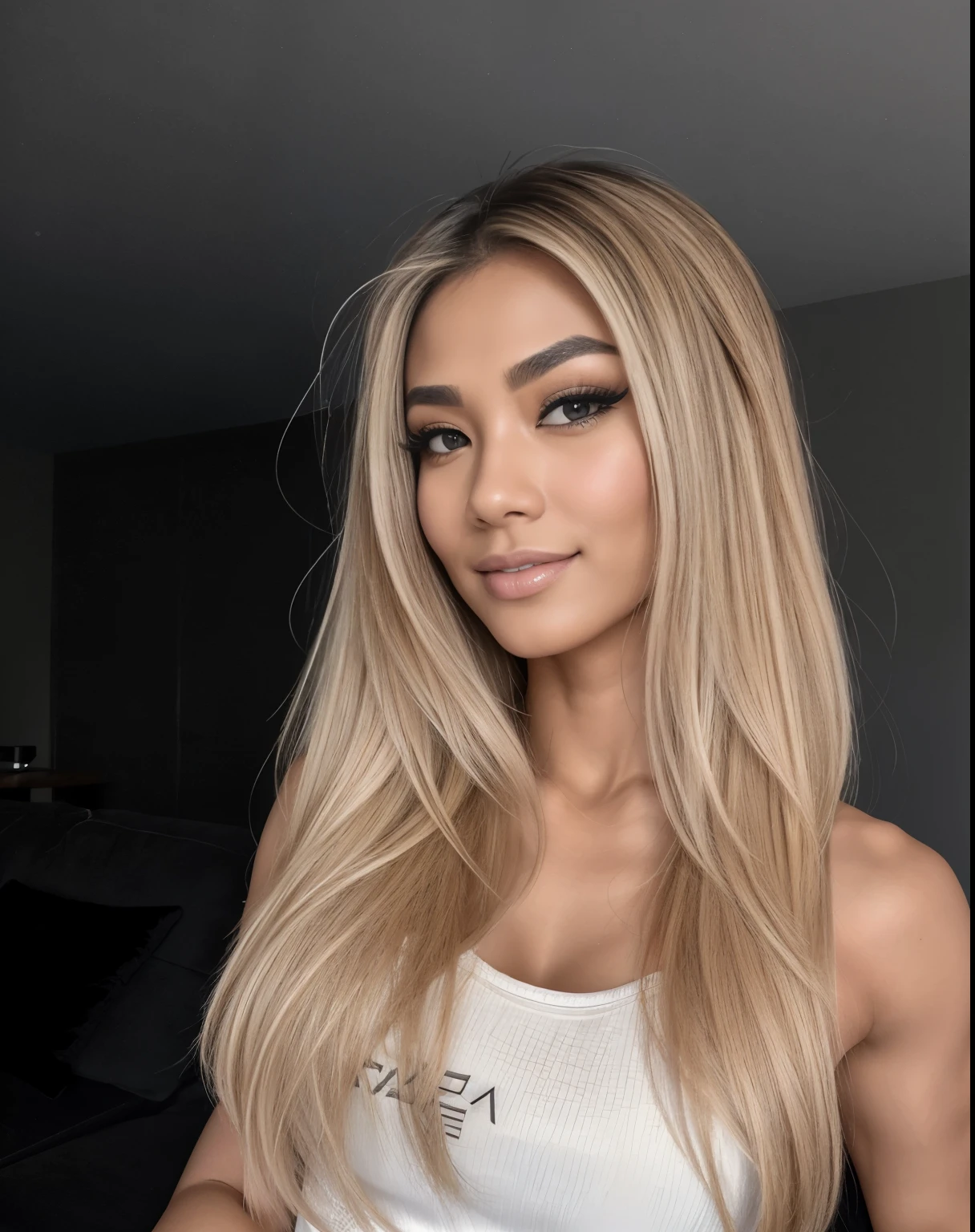 Young Thai woman, Fit physique, fitness physique, portant de la lingerie noire sexy, watch on the canapé, les jambes ouvertes, corps sexy, (8K), (best quality), (chef-d&#39;artwork:1.3), (realistic), (Photorealistic:1.34), ultra-detailed, [Beautiful detailed eyes], (sourire), (sourire), (beautiful detailed nose), [cheveux blonds très longs], (haut court), lingerie noire, (superbes seins taille normale), (gros plan), profondeur de champ, full body view, sitting on the sofa, legs spread, montrant l&#39;entrejambe, pieds en l'air