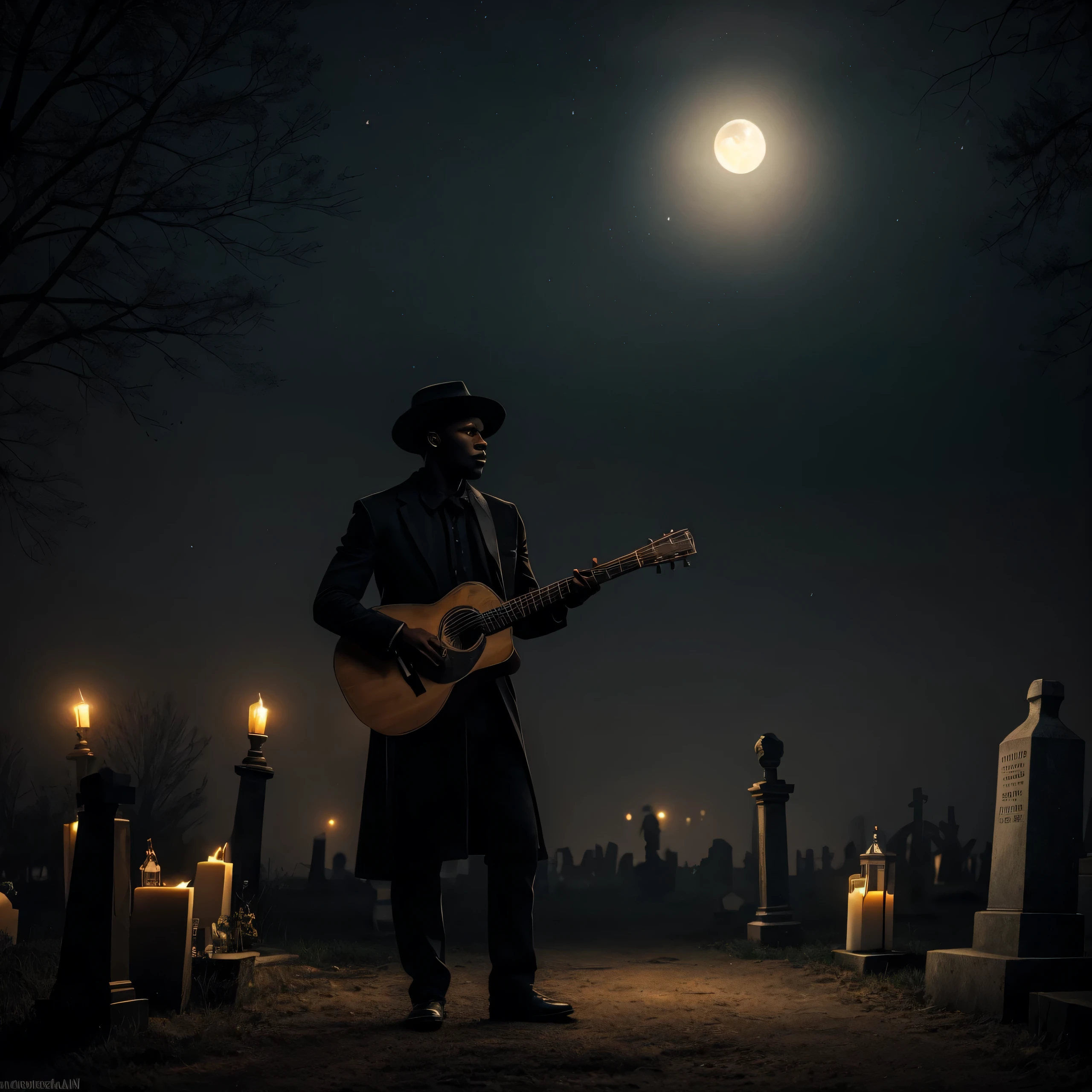 outdoor close-up image of a black man in a hat, playing a perfect folk guitar, em cima de um pentagrama, at a crossroads in a cemetery at night. rodeado de velas com a sombra do DIABO, inspirado no estilo de 1932. (melhor qualidade, 4k, 8K, high resolution, obra de arte: 1.2), ultra detalhado, (Realista, photoRealista, photoRealista: 1.37), vintage, escuro, misterioso, estranho, Temperamental, , sombras suaves, luar esparso, atmosfera nebulosa, calm and sombrio expressions, sombrio, assustadoramente lindo, lanternas ao luar.
