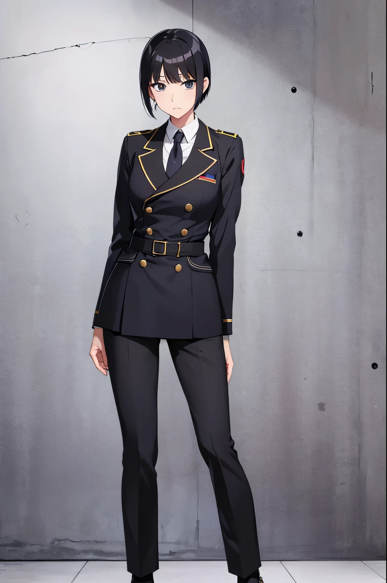 10th generation,
He has black hair and wears short-cut pants-style military uniform.。
woman,
In an upright, immovable pose.、10th generationのwomanが黒髪のショートカットでズボンスタイルの軍服を着用しているシーンを生成してください。Generate an image where her dignified demeanor and clothing express strength and confidence.。
