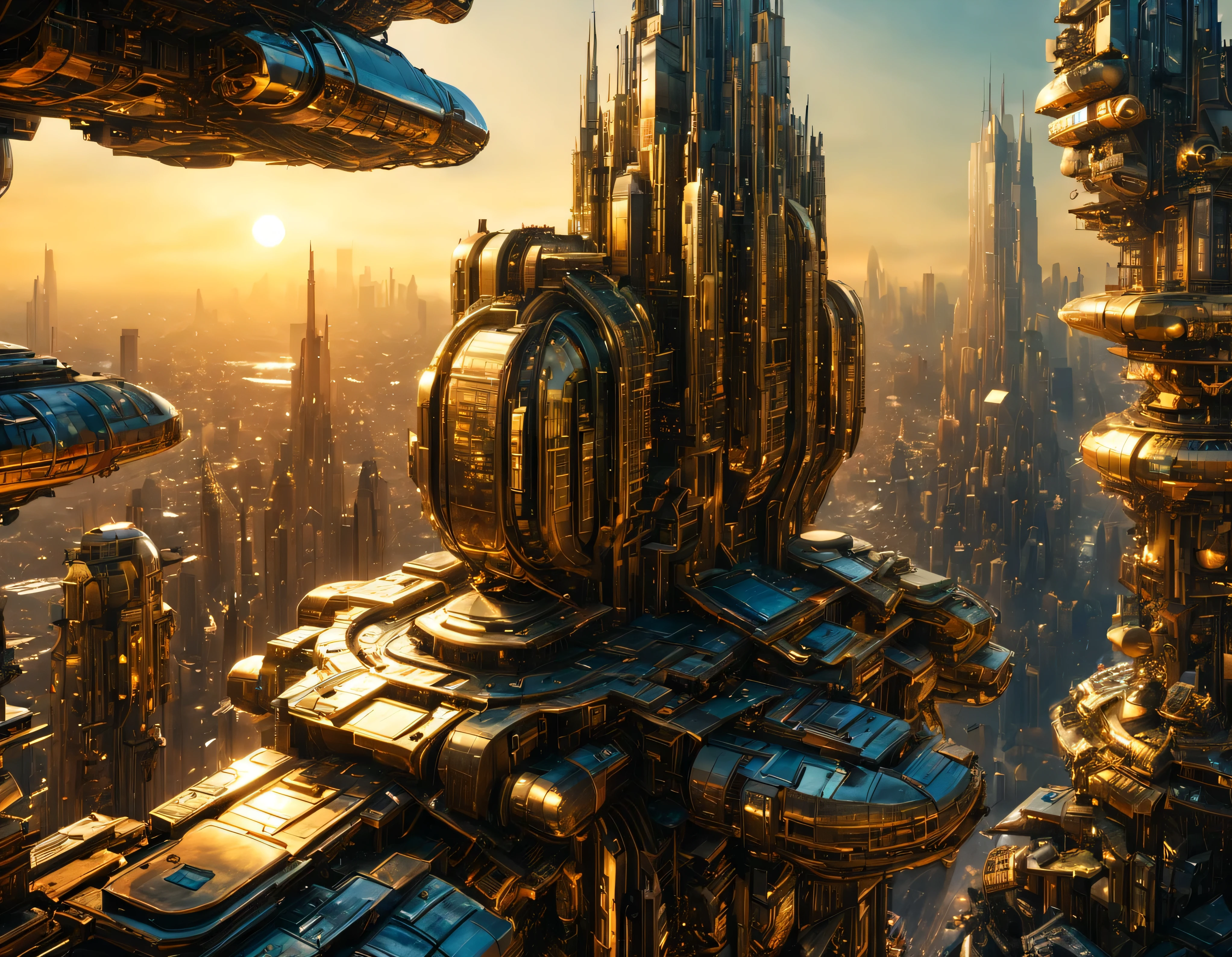 (golden hour lighting), megacity, megalopolis of an imaginary world of science fiction and maximum fantasy, con inmensos edificios ovalados y dodecaedricos agrupados de metal y cristal donde predomina el oro. imagen bien definida 8k, (intrincados detalles de la maquina), con muchos edificios juntos.(obra maestra de superior calidad).(imagen fotorrealista), nitidez absoluta hasta el fondo