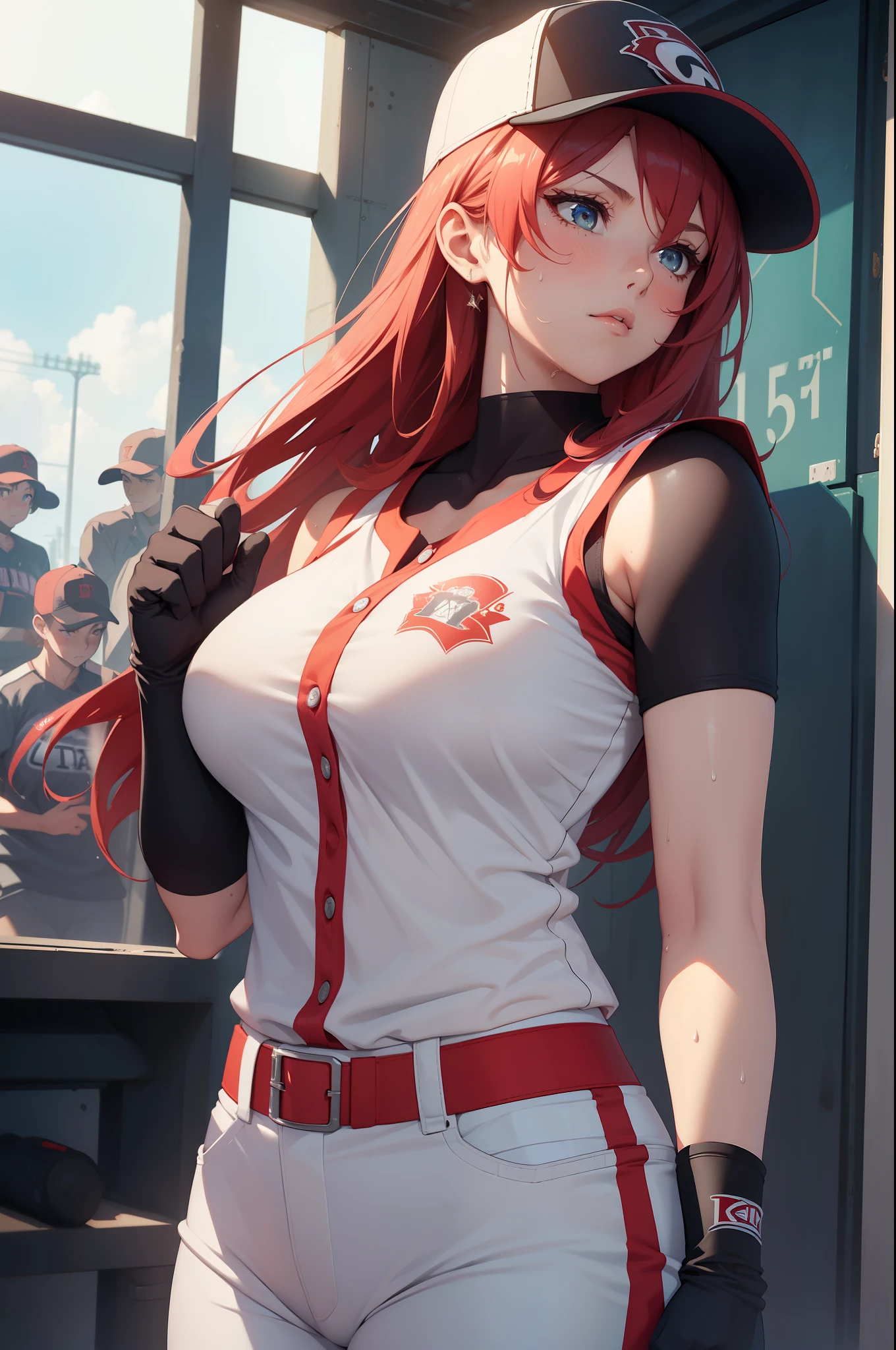 ((High Quality)), female baseball player, revealing outfit, no panties, Well good, redhead, black hat, black and white uniform, nipples, pussy,stadium, unbuttoned uniform, holding a baseball、16K、((There is dirt on the body))、Beautiful red eyes、(High image quality)、Mud stains on body、(High resolution)、64k、(Dirty woman alone)