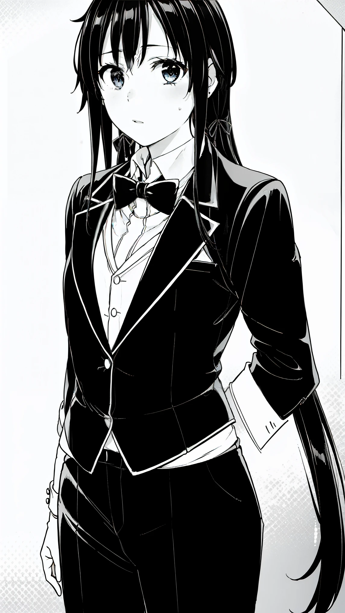 (masterpiece, best quality:1.2), 1girl, solo , yukinoshita yukino,b,classic black tuxedo,crisp tailored suit,sharp edges,perfectly fitted attire,sleek satin lapels,elegant bow tie,swagger,luxurious fabric, baddas girl