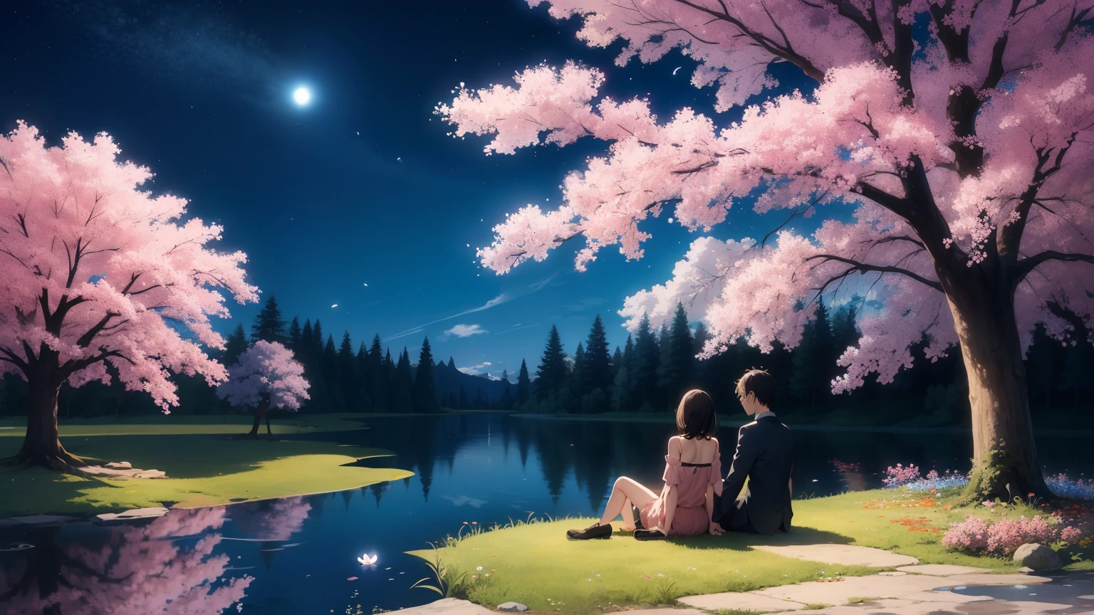 Anime couple, sitting, under a flowering tree,  flowers falling, beside a pond , under a moonlit dreamy sky