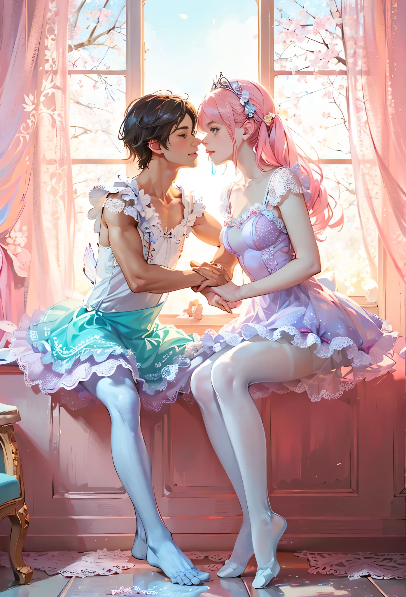 (Style-Princess, fflixbom, cat facepaint) (1 man, 1 catgirl) (hetero, couple) (crossdressing, fully clothed) (portrait) (women's clothes only) (women's beautifully feminine lacy skintight matte cat paw print girly pink adorable ballet leotards) (white opaque tights) (tiaras, no shoes, white long gloves) (woman's bedroom, four-poster bed) (lying down, hugging, bending knee) (intimacy, playfulness, closeness)