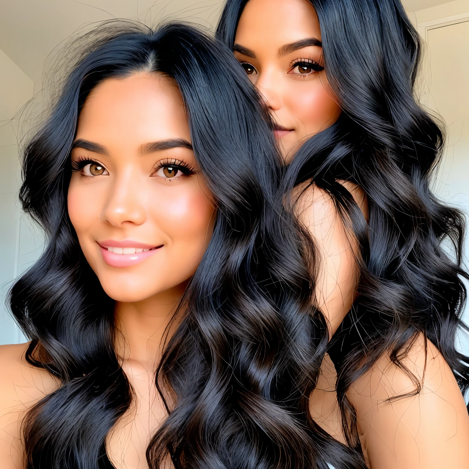 Your black hair, luxurious and wavy, falls gracefully over your shoulders and gently flows around your face, framing it with a touch of Glamour. (This description emphasizes the beauty and elegance of long, black hair.)
or
The black hair, with its luxurious and wavy texture, cascades down your shoulders, flowing gently around your face, and adds an alluring aura of Glamour as it frames your features. (This description highlights the charm and appeal of having long, black hair with a wavy texture.)
or
Your black hair, luxuriously wavy, drapes over your shoulders in soft waves, swirling around your face and adding an