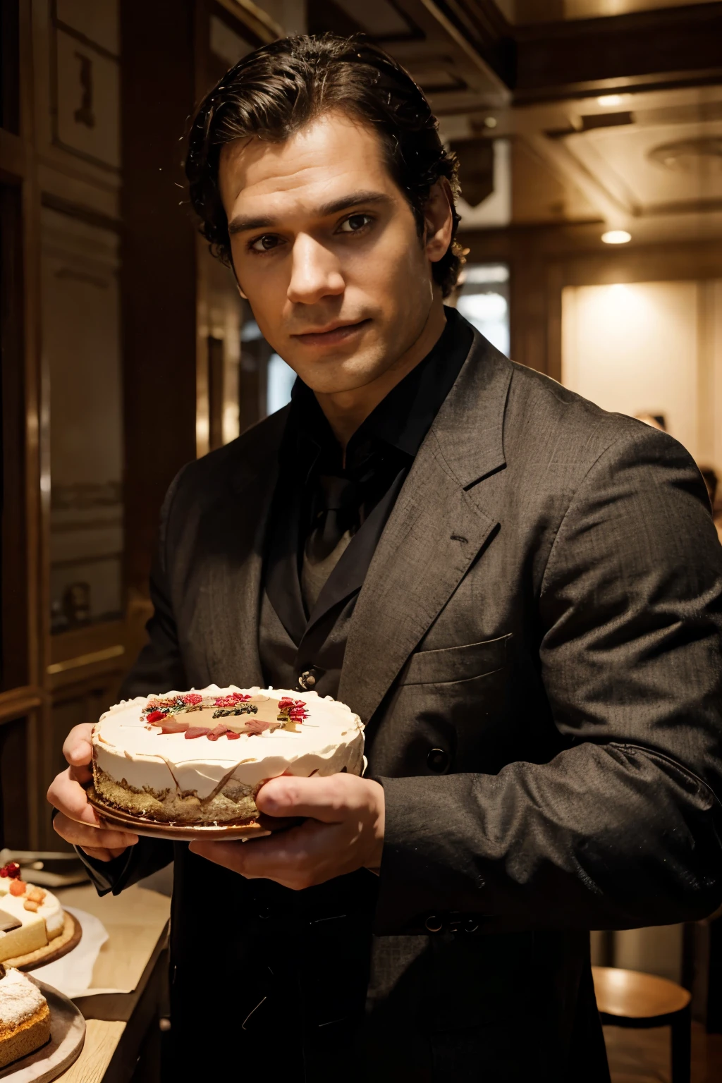 solo,henrycavill , ((holding and handing a cake to the viewer)), happy face, ((looking at the viewer)),