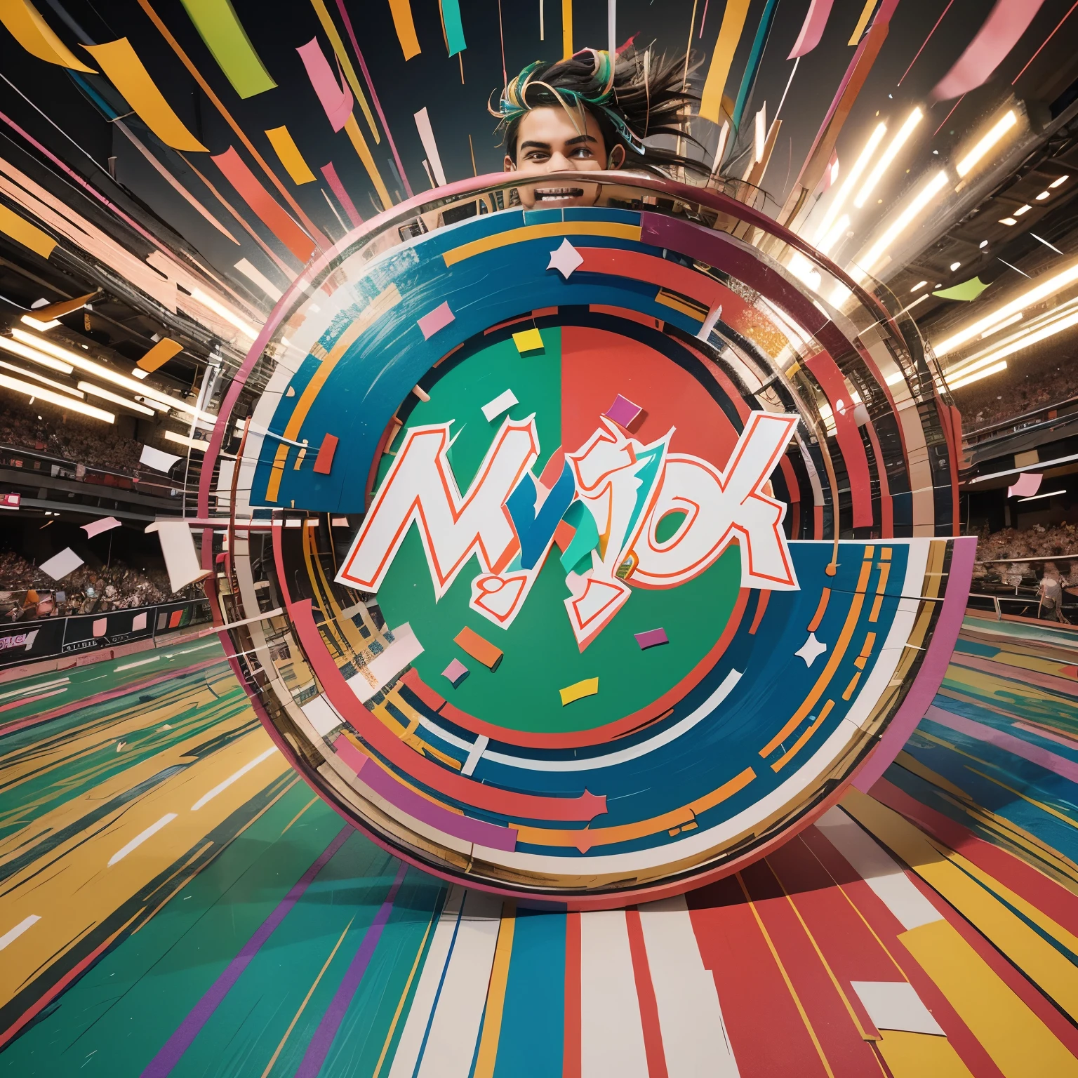 a cartoon illustration of Rohan surrounded by playful chaos, like swirling colors, confetti, or energetic symbols, to reflect the "ruckus" theme