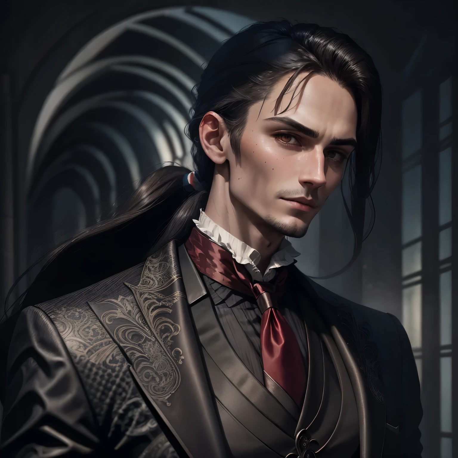 Young handsome slender broad-shouldered man, confident, athletic, brunette, long hair carefully tied into a low ponytail, The look is serious, brown eyes, mole under the eye, sharp nose, gothic version, Victorian era, expensive clothing, Red tie, high quality, detailing