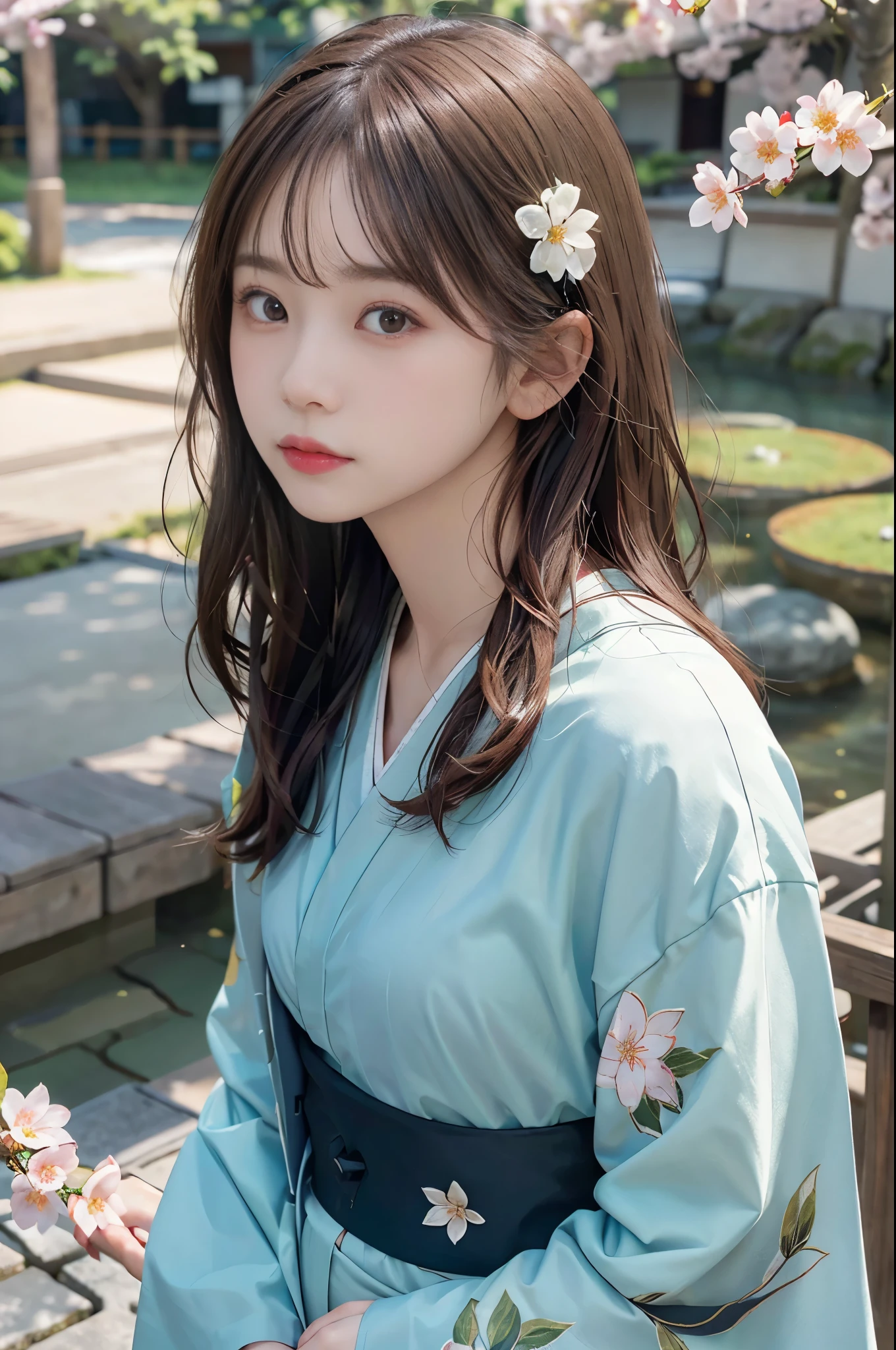 ((masterpiece,best quality 1.4)), (8k,RAW photo:1.2), (realistic,photo realistic:1.4), ultra high resolution , (Highly detailed 8k wallpaper) ,japanese idol, Japanese actress, Japanese, very cute, Big eyes, highly detailed eyes and face, Beautiful eyes in every detail,shiny skin,portrait,(medium hair and straight hair :1.3), professional lighting, sharp focus, Depth of written boundary , (dynamic angle:1.4 ). blur background, Bokeh, (Kimono with gorgeous pattern) ：A peaceful Japanese garden in spring, It is characterized by a cobblestone street that winds through moss-covered land.., Cherry blossoms bloom overhead、A traditional tea room can be seen in the distance.