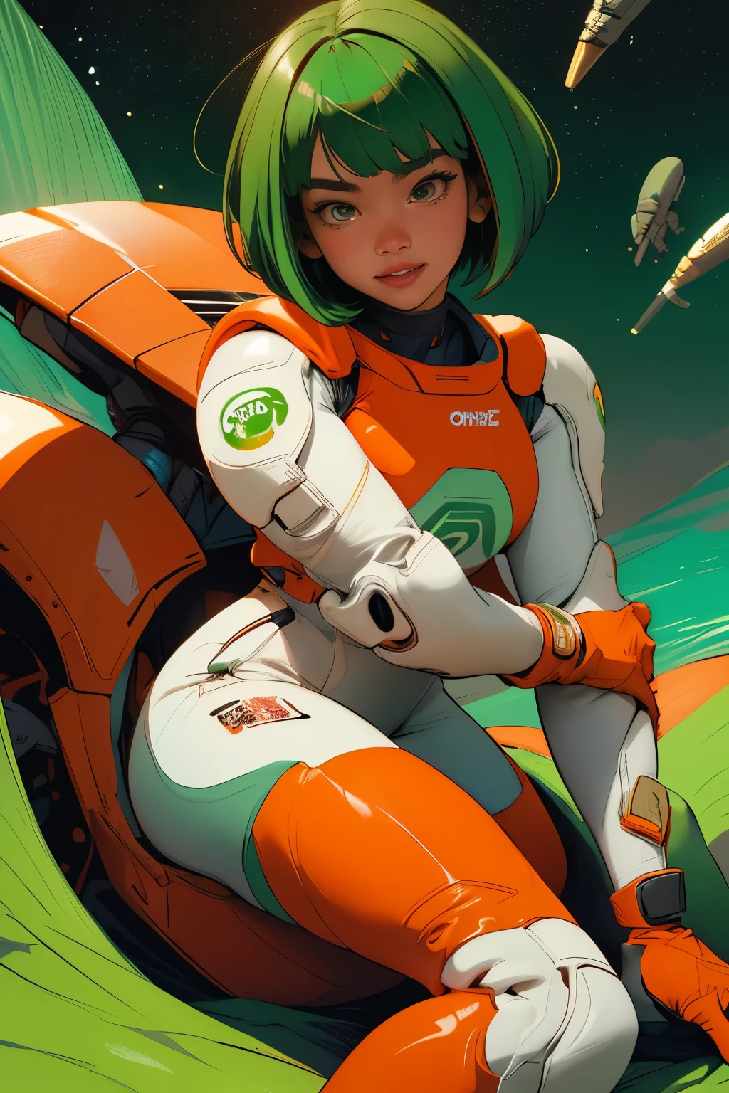 ((comic style)), Amazing artwork, mujer tatuada de pelo naranja, hermosa sonrisa en su hermoso rostro, wears a tight spacesuit ((peinado bobcut verde)), flequillo desordenado, labios gruesos, ((rojo apretado, correa)), piernas perfectas , 8K, ((Fondo ciudad)), Obra maestra, Mejor calidad
