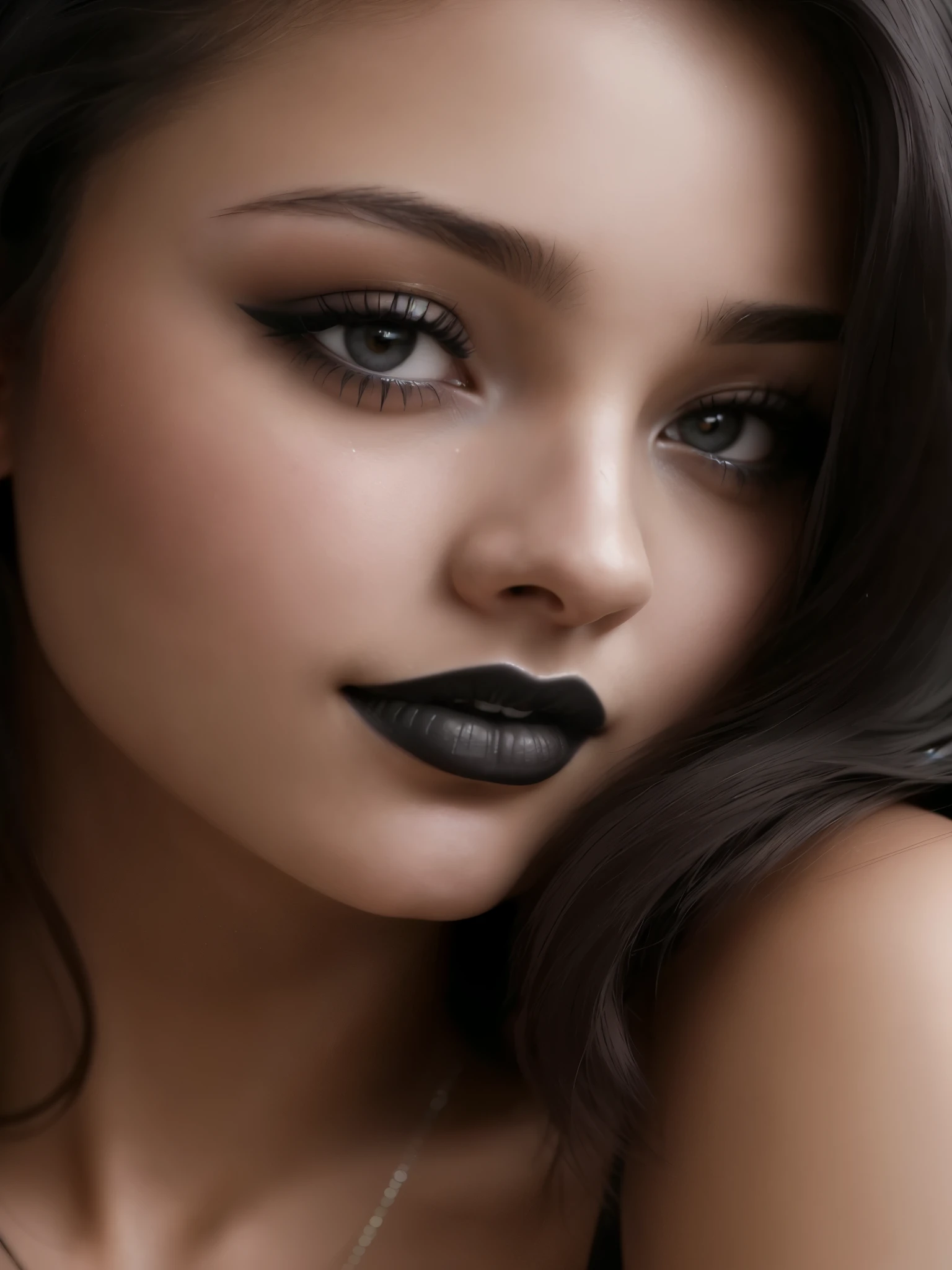 a close up of a woman with a black lip black lipstick, dark lipstick, charcoal color skin, with black glossy lips, dark make up on her face, black makeup, dark makeup, beauty retouch, shiny black lipstick, sexy face with full makeup, dark-toned product photos, soft portrait shot 8 k, professional retouch, dark lips, (close-up, editorial photograph of a 21 year old woman), (highly detailed face:1.4) (smile:0.7) (background inside dark, moody, private study:1.3) POV, by sony zve10 ,camera f1.4 lens ,rich colors ,hyper realistic ,lifelike texture, dramatic lighting