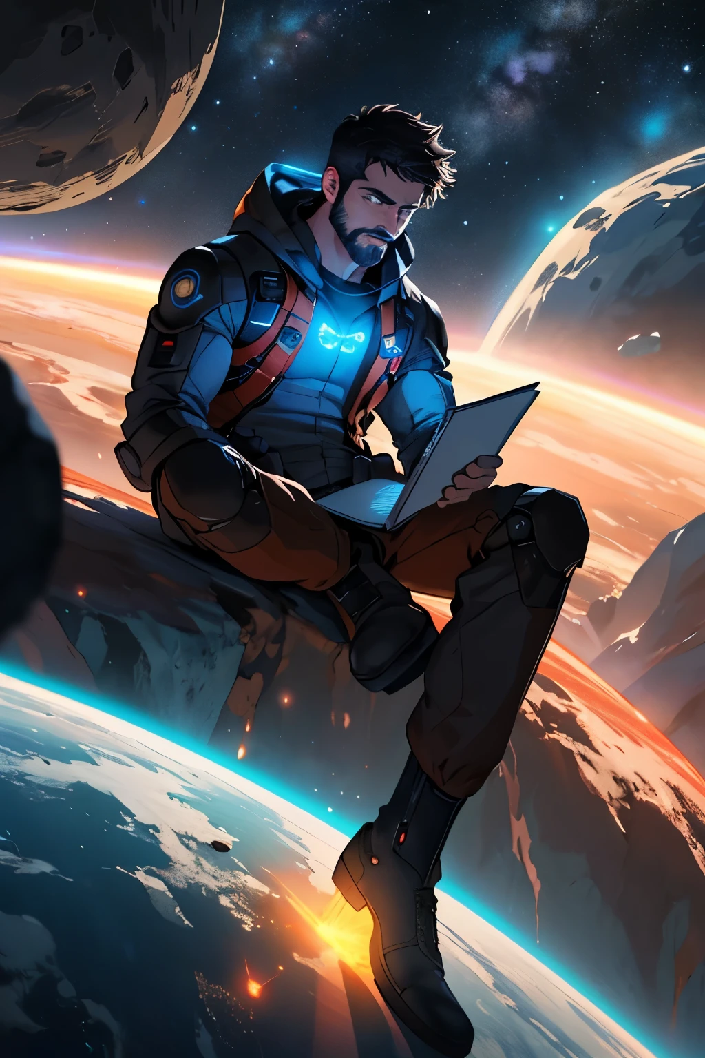 Draw a young programmer, sitting on a research platform floating in the middle of an asteroid belt. He is studying with a notebook, surrounded by several asteroids glowing with fiery auras. Dramatic lighting from distant stars and planets illuminates the scene, casting deep shadows on the suit. The young man looks confident and determined, looking at the vast and mysterious universe with wonder and respect,facial hair, cowboy shot,