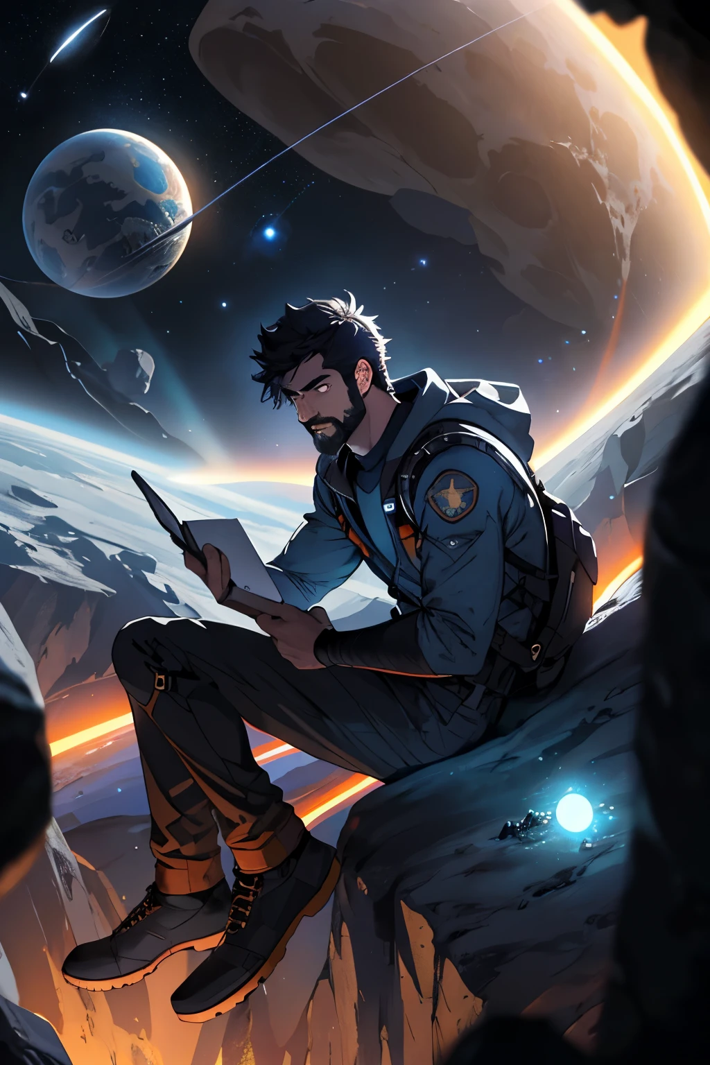 Draw a young programmer, sitting on a research platform floating in the middle of an asteroid belt. He is studying with a notebook, surrounded by several asteroids glowing with fiery auras. Dramatic lighting from distant stars and planets illuminates the scene, casting deep shadows on the suit. The young man looks confident and determined, looking at the vast and mysterious universe with wonder and respect,facial hair, cowboy shot,
