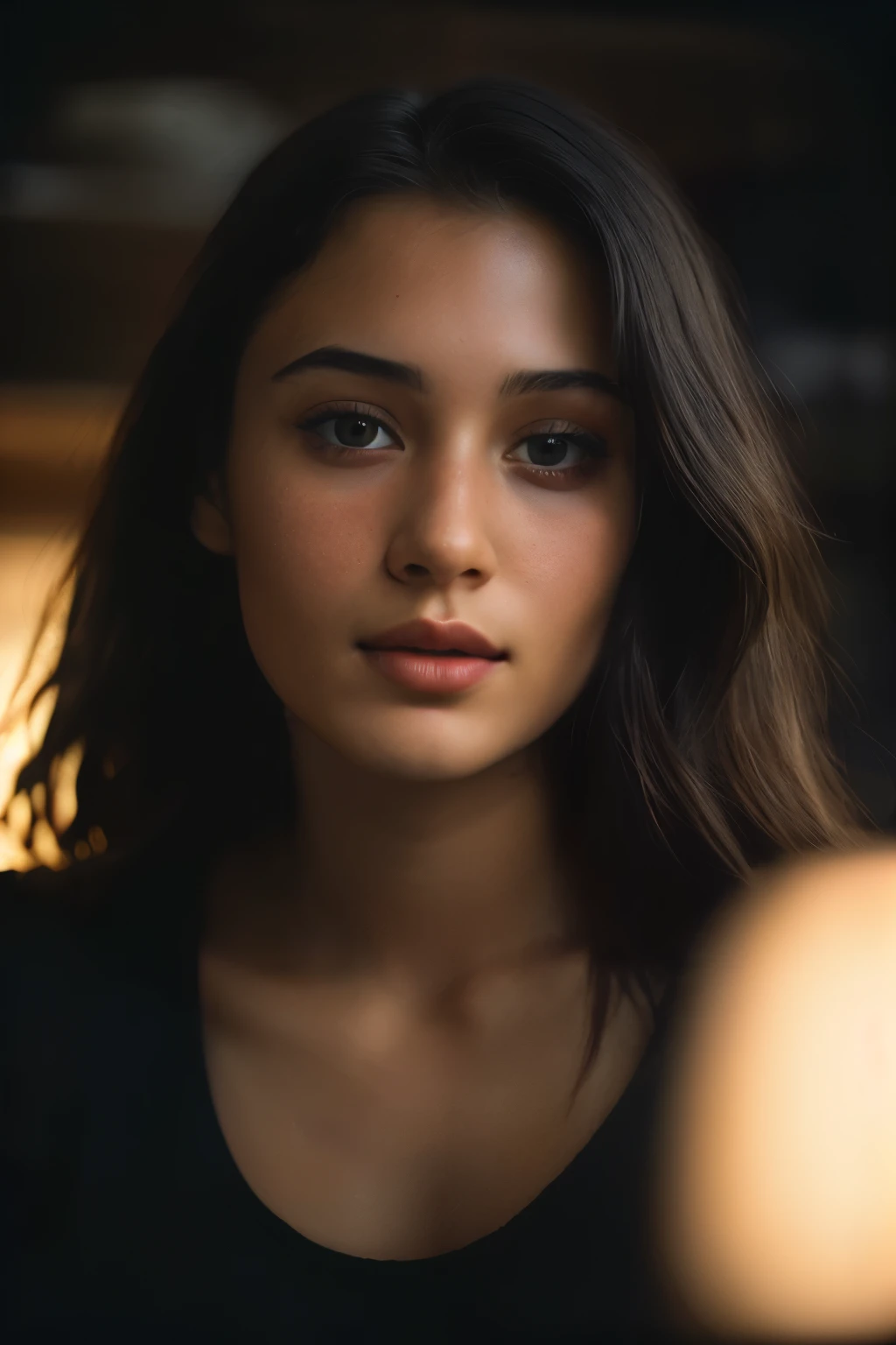 (close-up, editorial photograph of a 21 year old woman), (highly detailed face:1.4) (smile:0.7) (background inside dark, moody, private study:1.3) POV, by lee jeffries, nikon d850, film stock photograph ,4 kodak portra 400 ,camera f1.6 lens ,rich colors ,hyper realistic ,lifelike texture, dramatic lighting , cinestill 800,