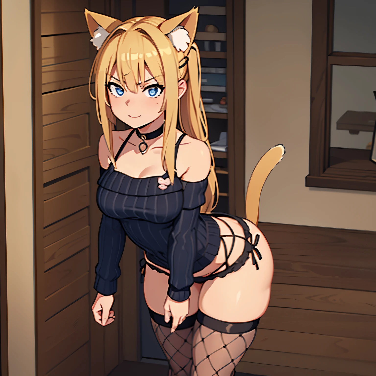 4k, Realista, muito detalhe, 1female, 1girls, blonde female, blonde hair, blue eyes, breasts, cat ears, cat tail, catgirl, choker, female, female focus, female only, fishnets, looking at viewer, partially clothed, , small, small breasts, thigh highs, thighs