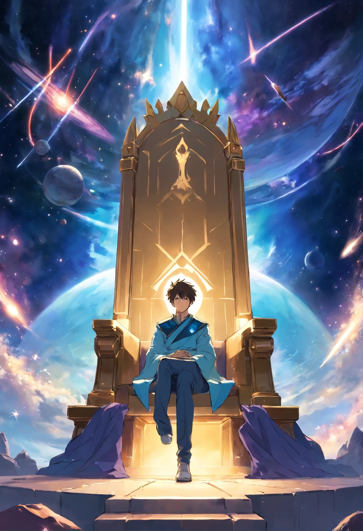 Galactic King sitting on throne infront of the world, in the middle of space, as a party of warriors from fantasy come out of a portal to stop him